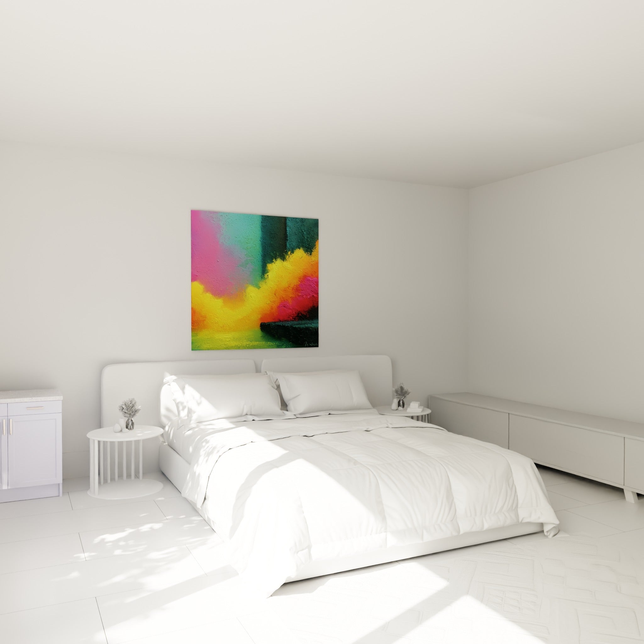 Nuage coloré jaune et orange fauve traversant la toile, accroché au-dessus d'un lit dans une chambre claire