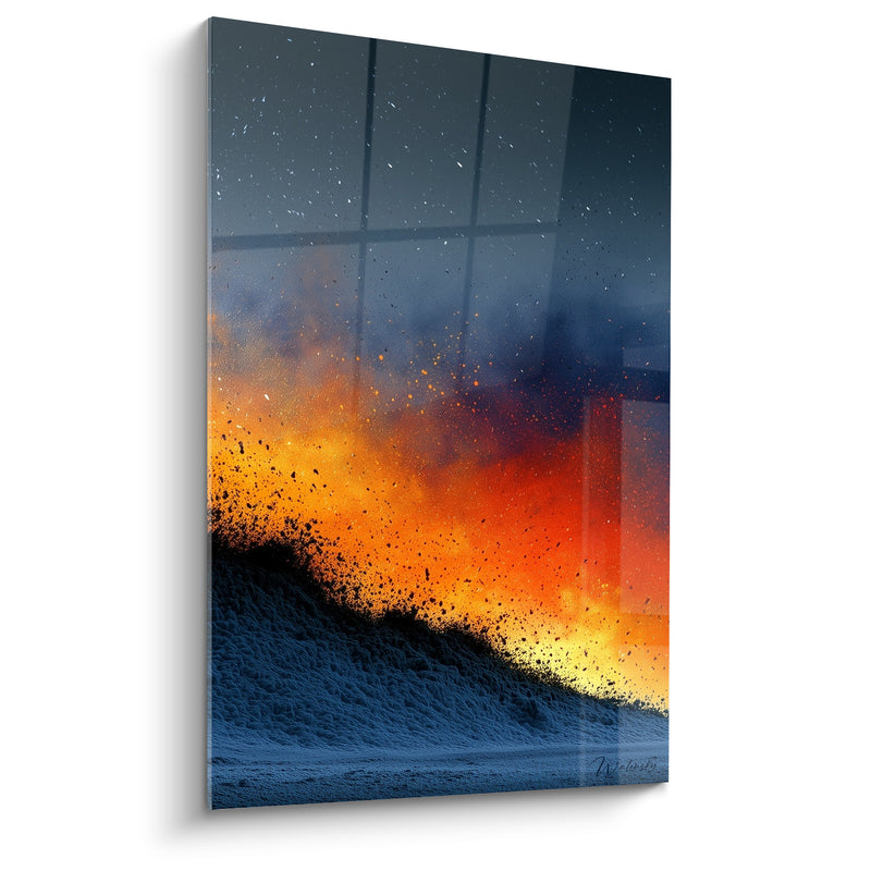 Tableau Éruption orangée sur crête bleu nuit - Souffle volcanique - Edition Abstrait Coloré