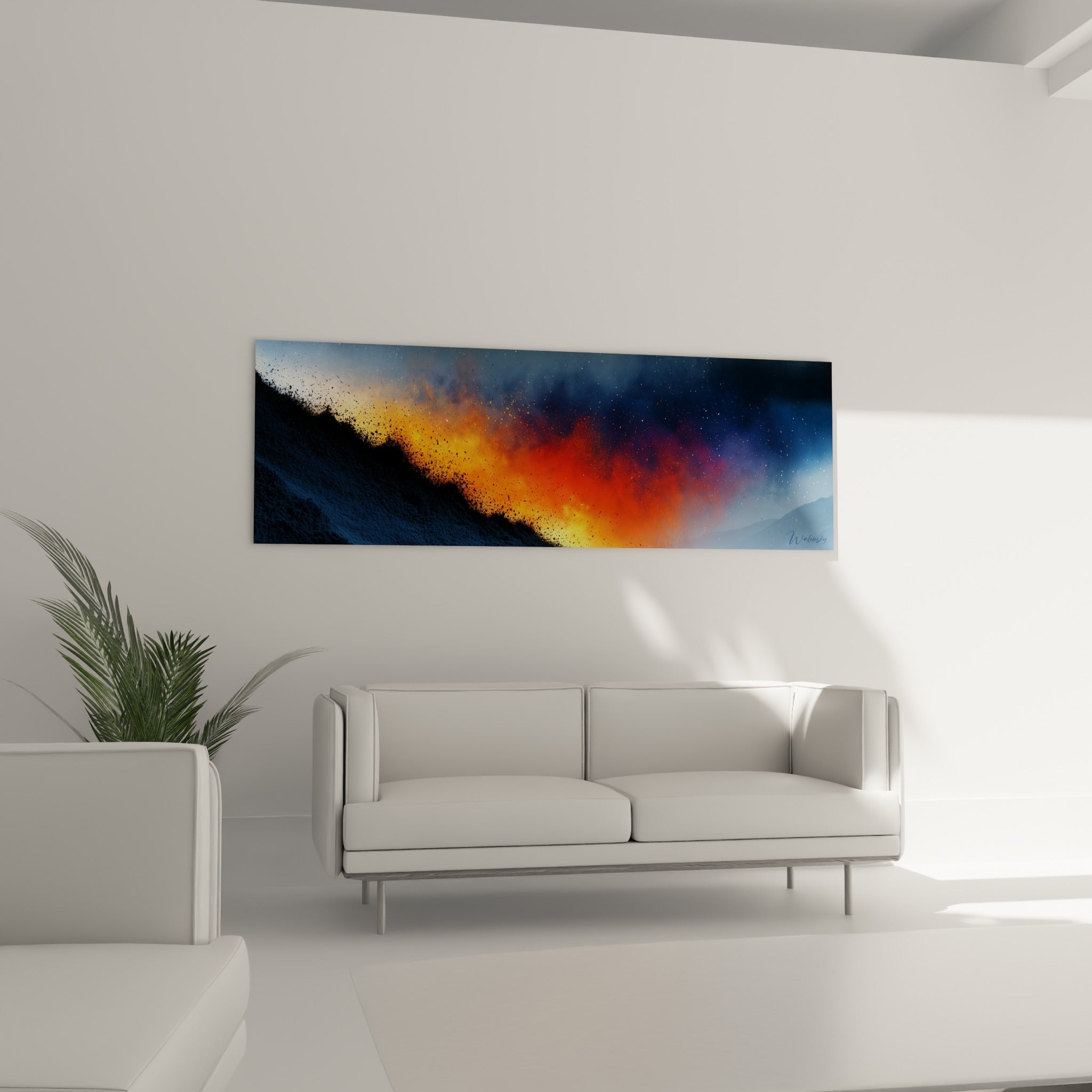 Crête incandescente entre orange vif et bleu marine profond au-dessus d'un canapé dans un salon lumineux