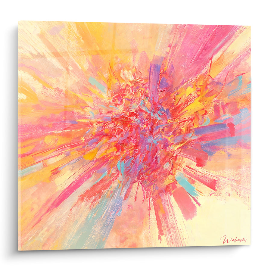Tableau Explosion florale rose et jaune doré - Souffle lumineux - Edition Abstrait Coloré