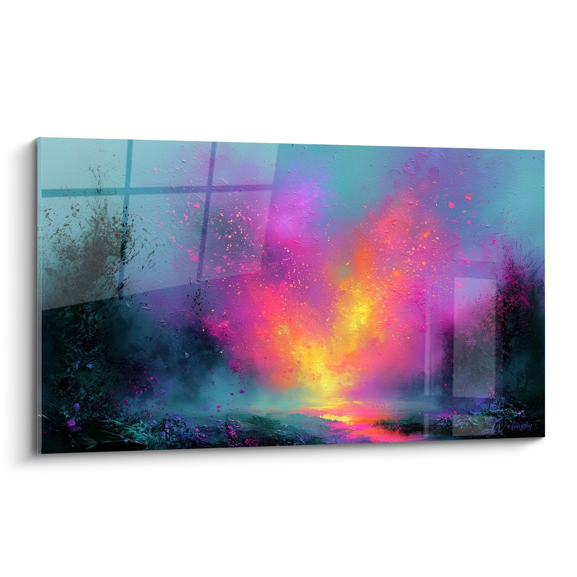 Explosion lumineuse turquoise et magenta jaillissant d'une brume peinte à empâtements épais