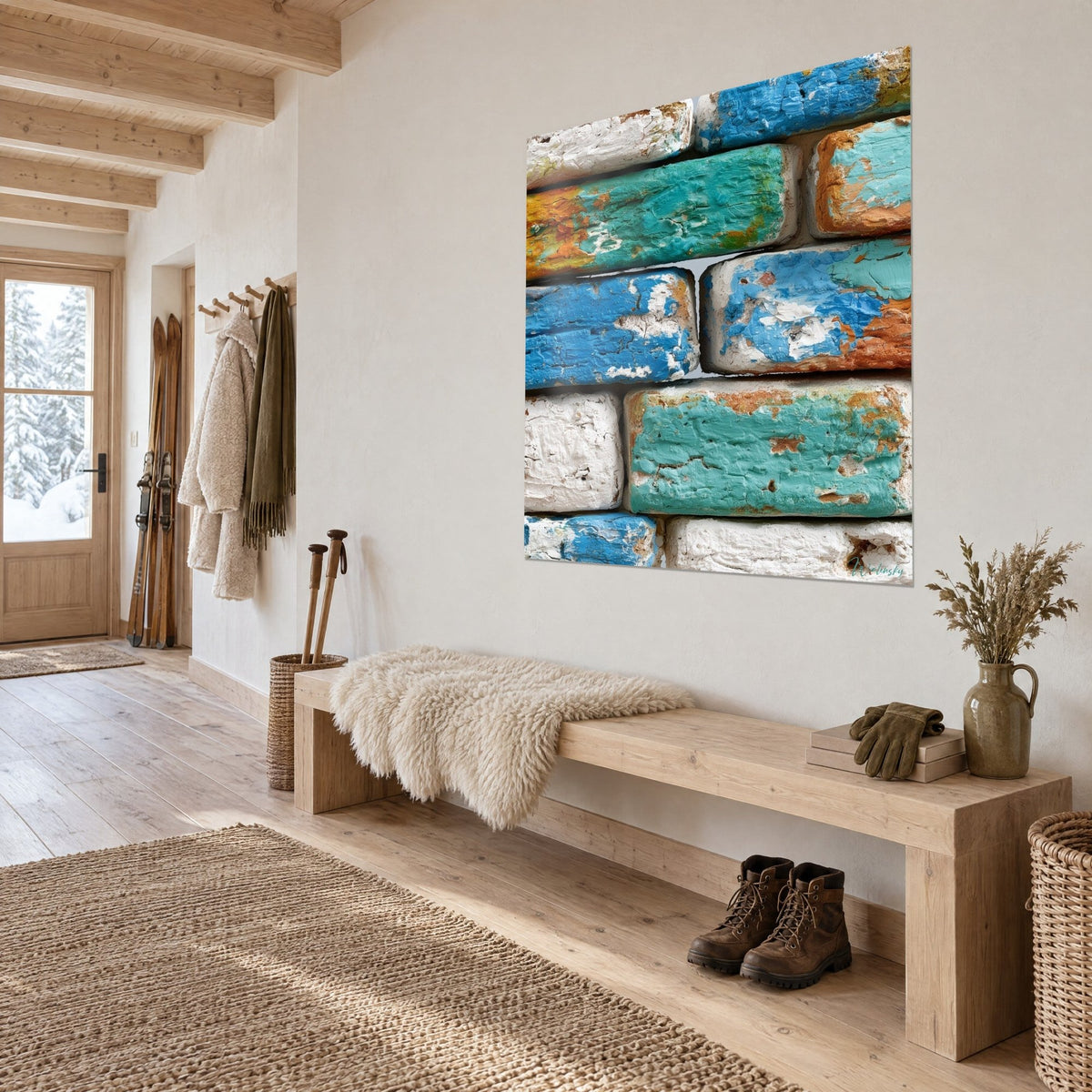 Gemälde einer mediterranen Fassade aus kobaltblauen und meergrünen Ziegeln, an den Rändern verrosteter Ocker, an einer Chaletwand