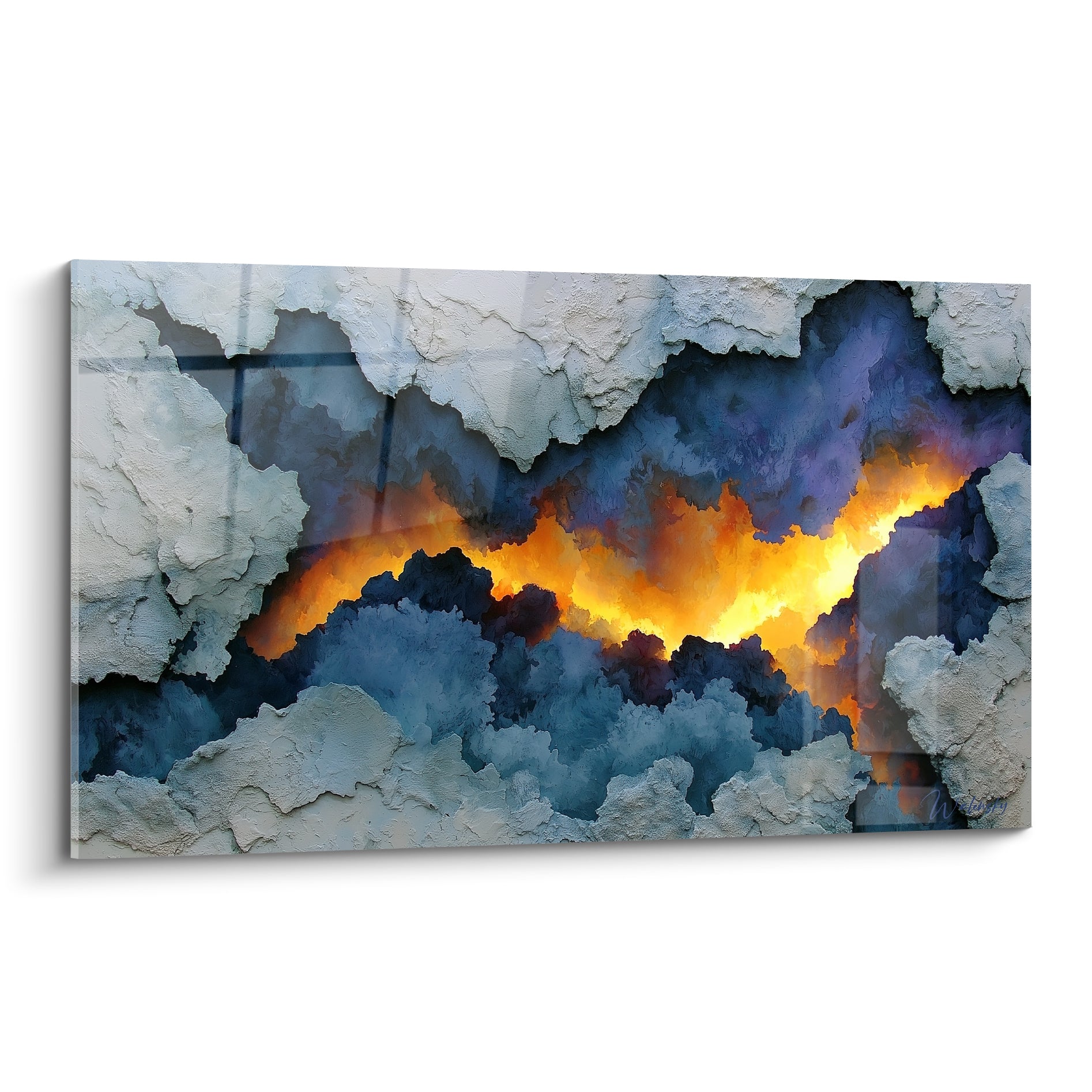 Faille rocheuse bleu anthracite et lueur dorée incandescente sur toile texturée en trompe-l'œil
