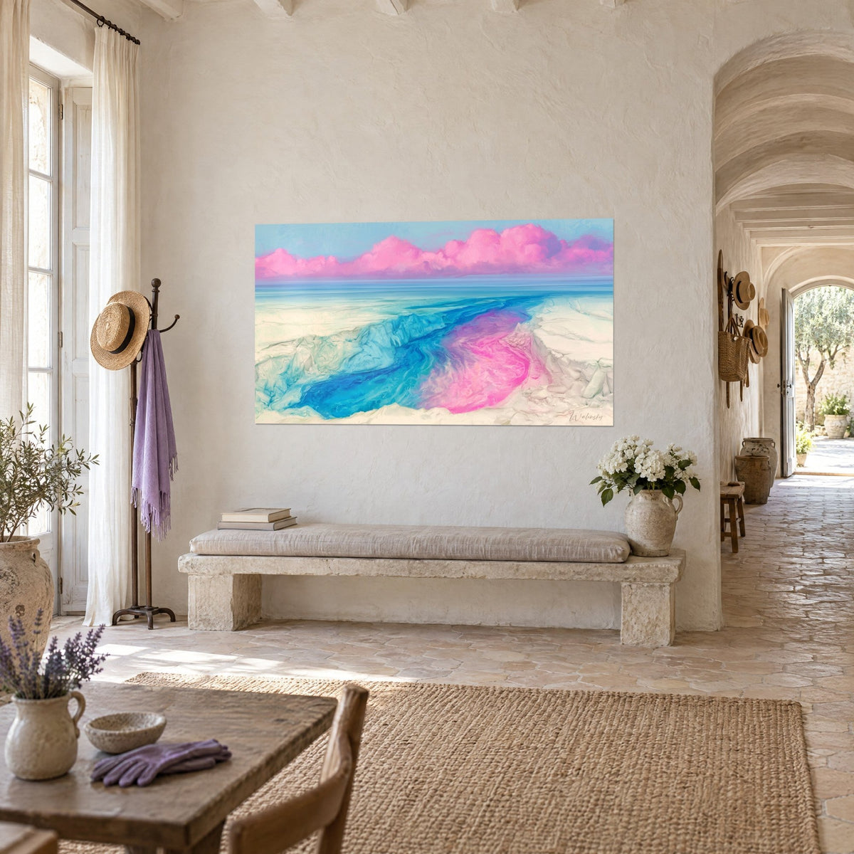 Schilderij van een droomachtige rivier in cyaanblauw en felroze die kronkelt tussen crèmekleurige kliffen, driekwart zicht in een gewelfde stenen gang