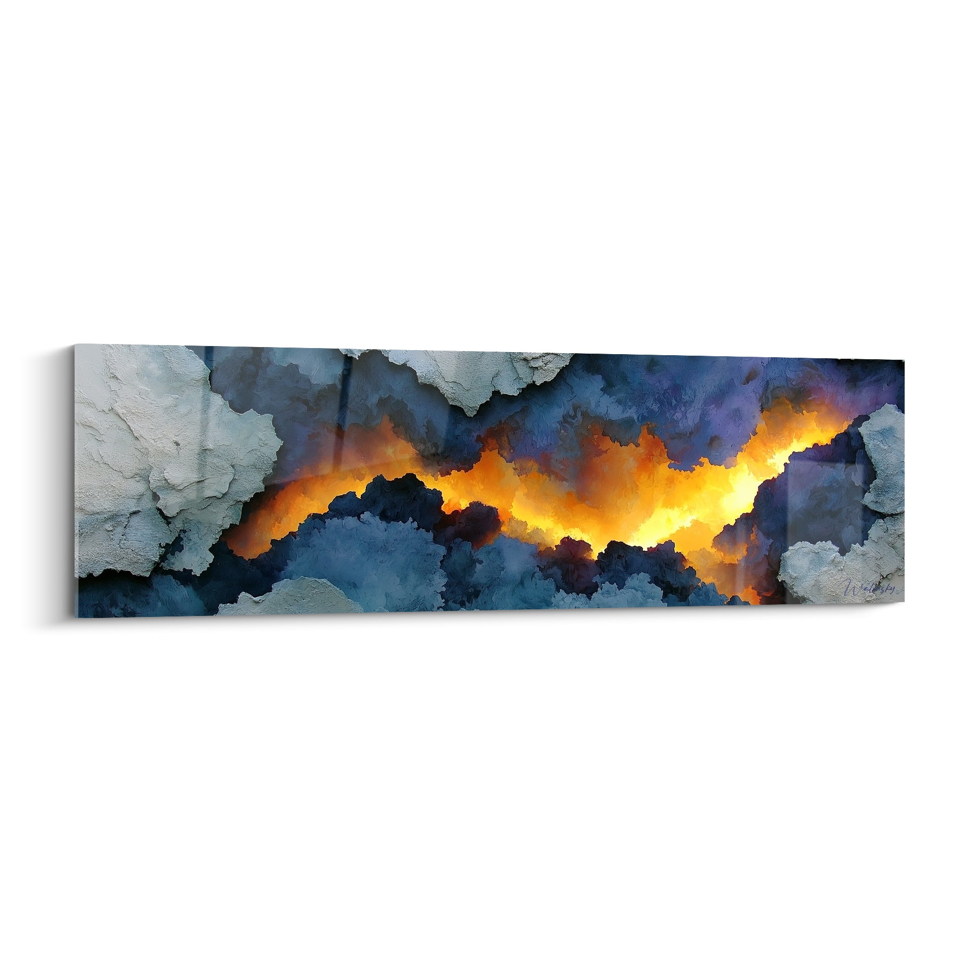 Faille dorée traversant des nuages bleu marine et anthracite dans ce tableau abstrait coloré