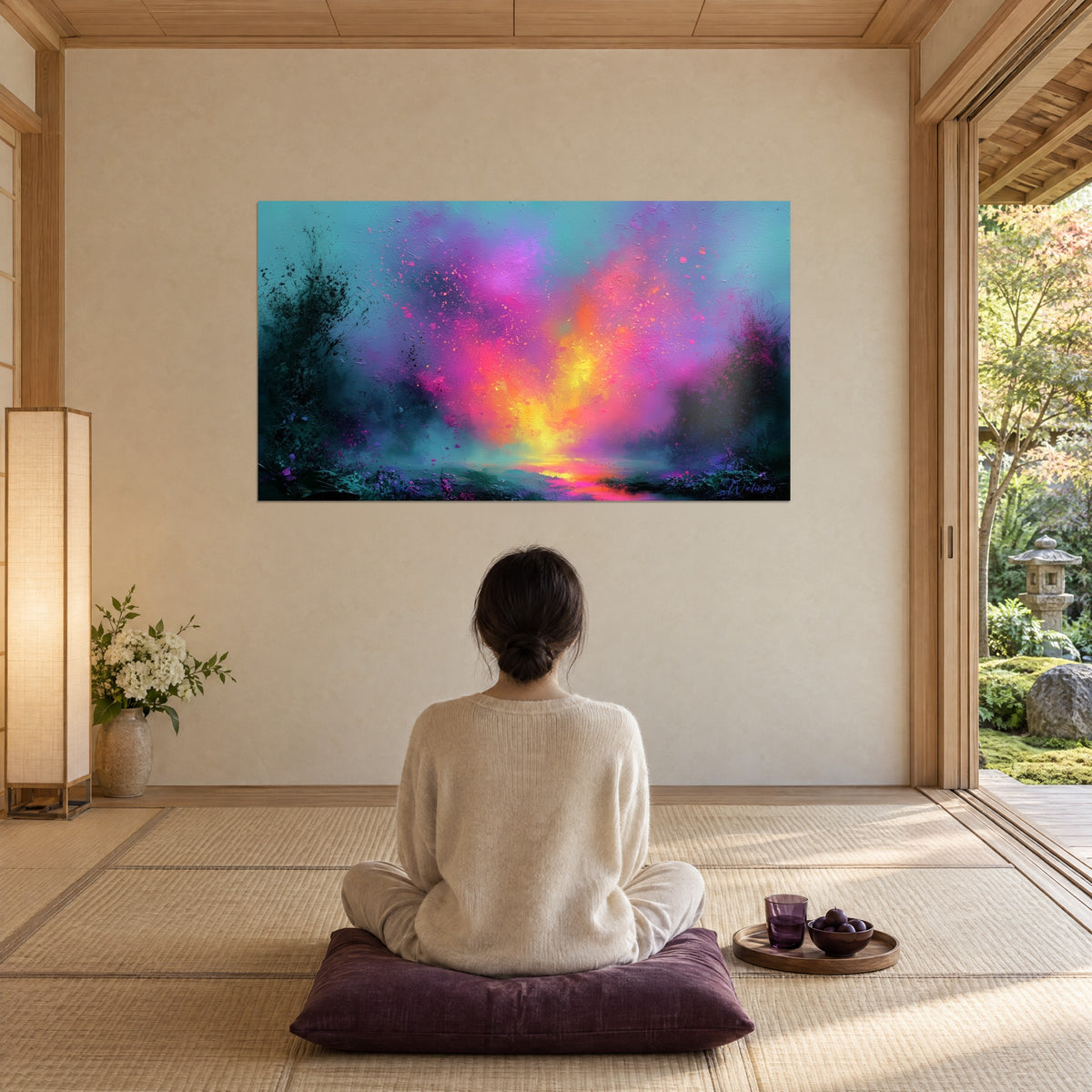Schilderij abstract vuurwerk zonnegeel, magenta en blauwgroen, lichtweerkaatsing op de vloer, vrouw van achteren zittend op een pruimkleurig kussen