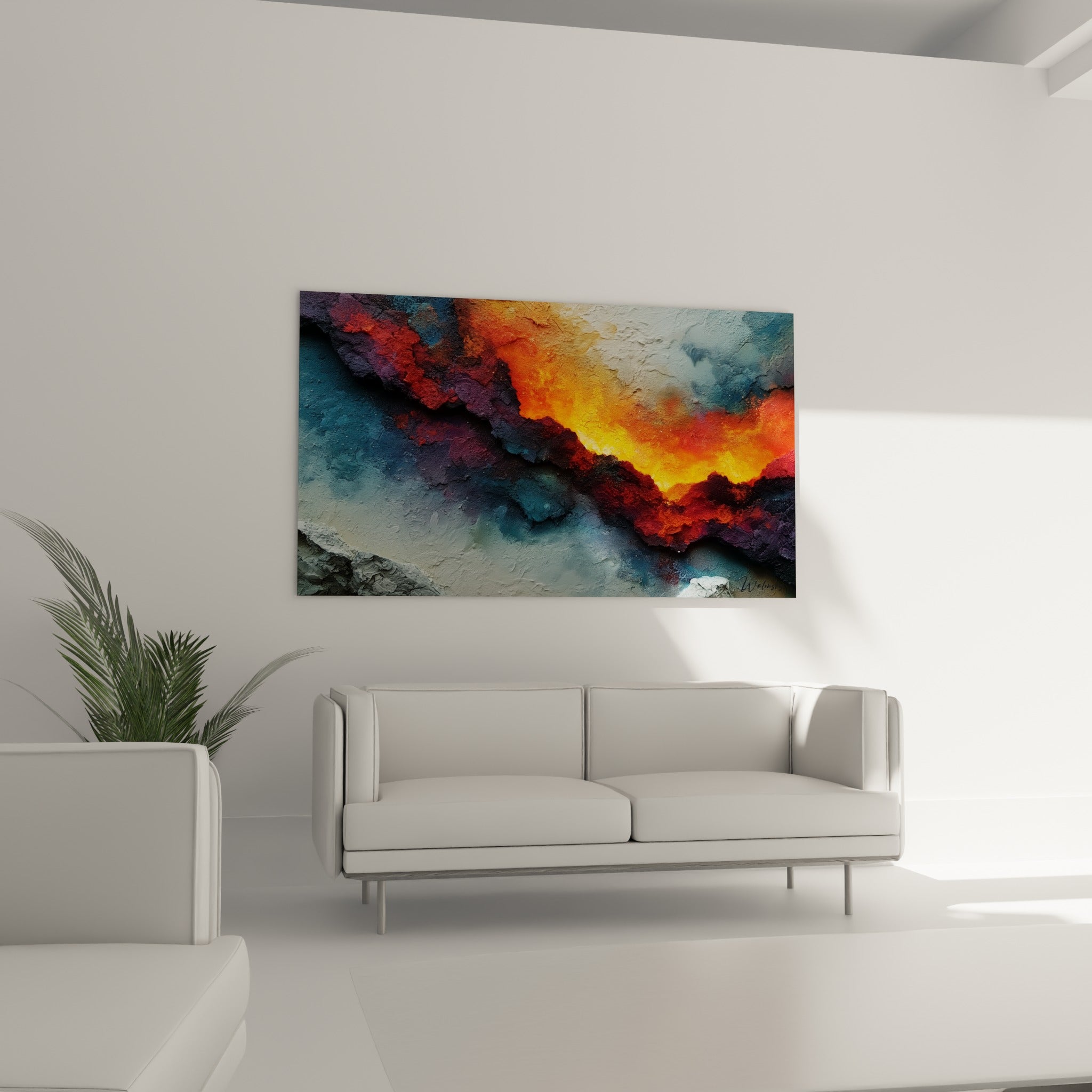 Flammes orangées émergeant d'une roche bleu gris, tableau Abstrait Coloré au-dessus d'un canapé dans un salon lumineux