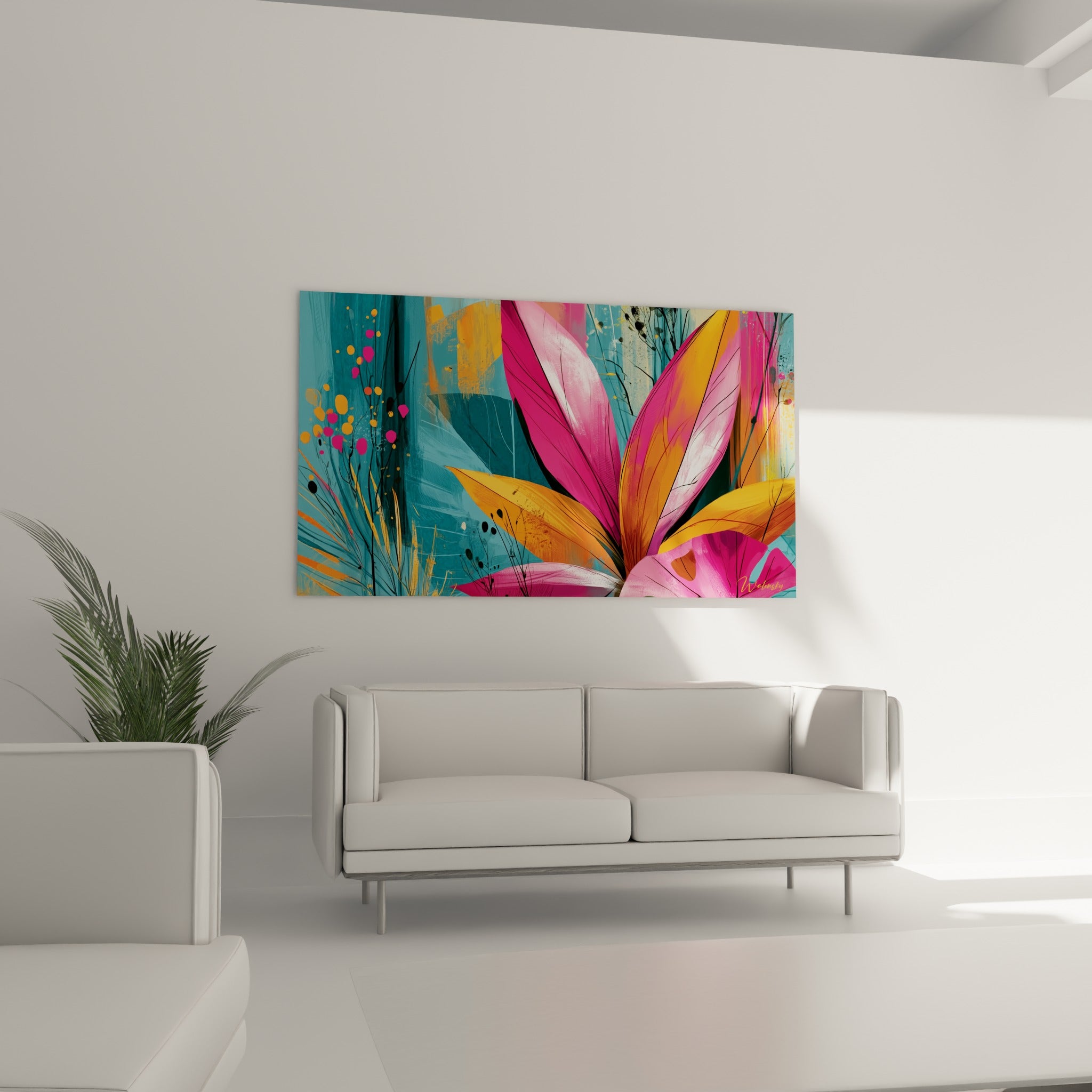 Fleur stylisée rose et dorée aux nervures noires, au-dessus d'un canapé dans un salon lumineux