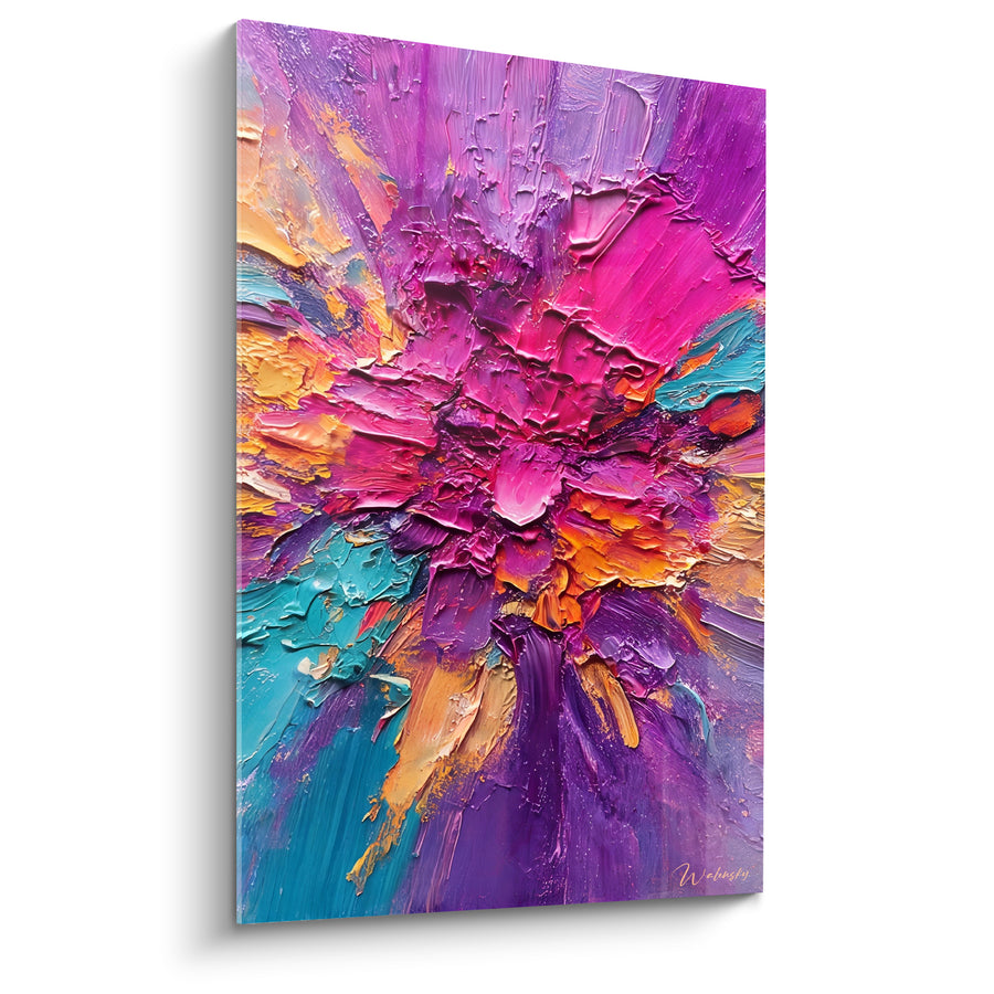 Tableau Fleur éclatée fuchsia et violette aux reflets turquoise - Pétales en relief doré - Edition Abstrait Coloré