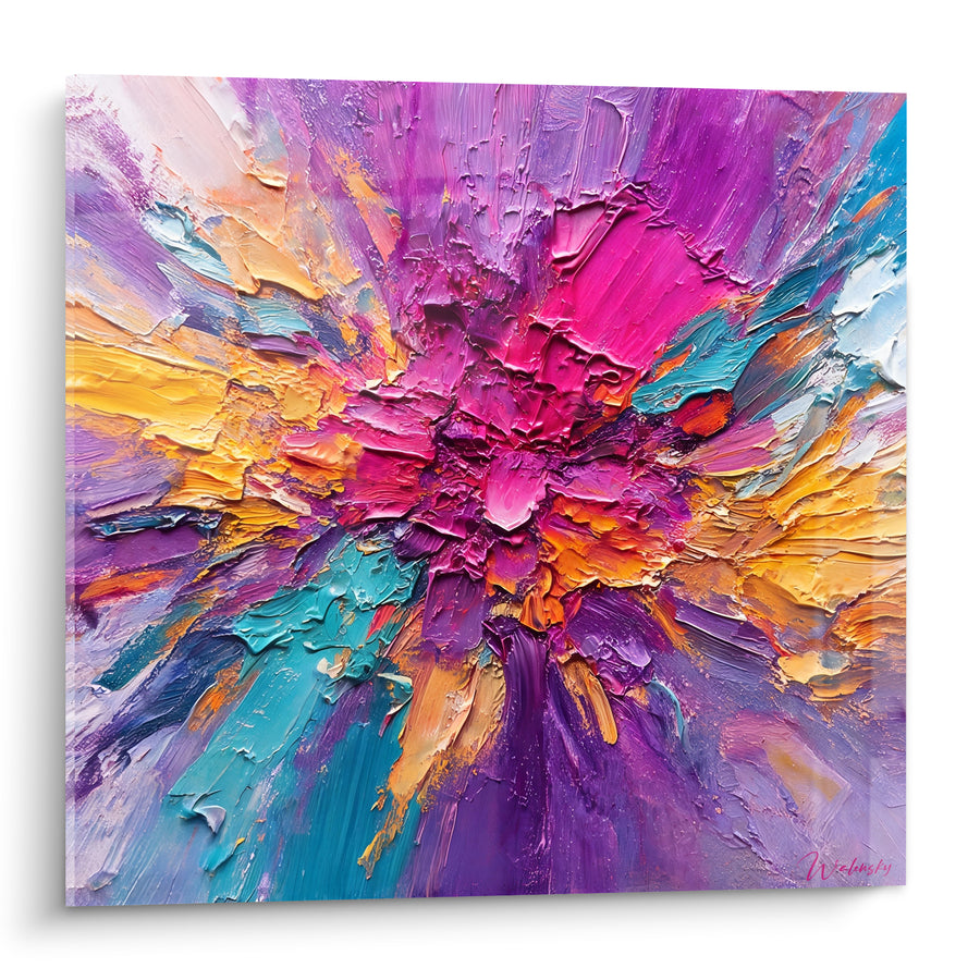 Tableau Explosion florale magenta et turquoise texturée - Jaillissement vital - Edition Abstrait Coloré