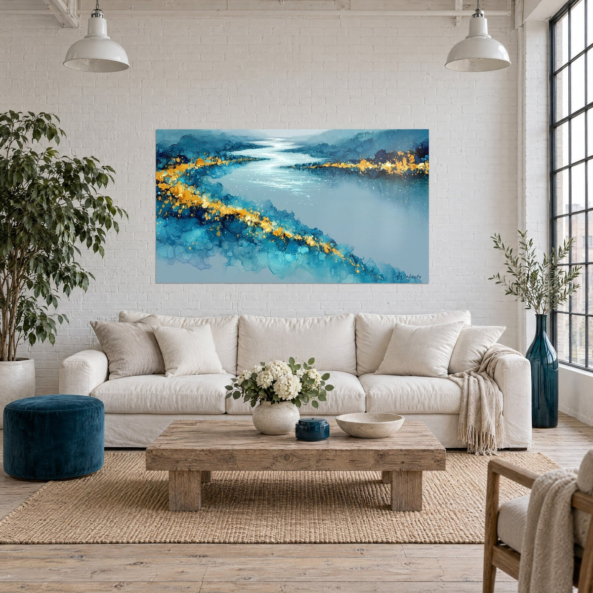 Tableau rivière turquoise bordée de rives dorées et de reflets blancs, au-dessus d'un canapé dans un salon lumineux