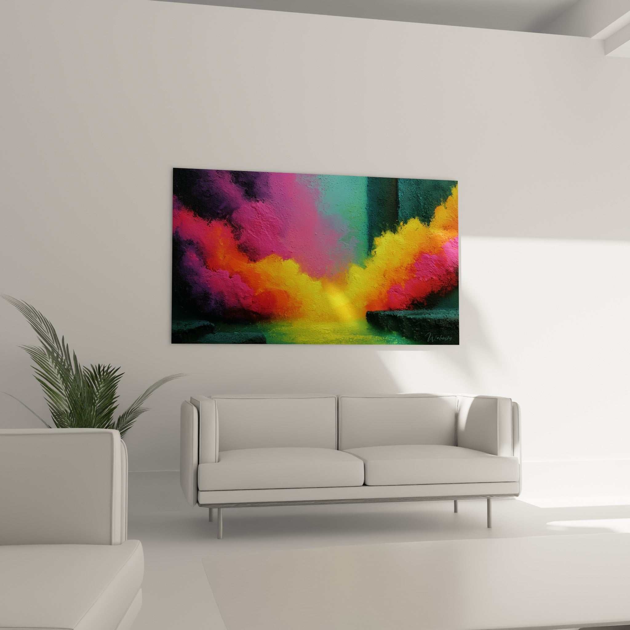 Formes fluides jaune vif et rose intense du tableau Abstrait Coloré, au-dessus d'un canapé dans un salon lumineux