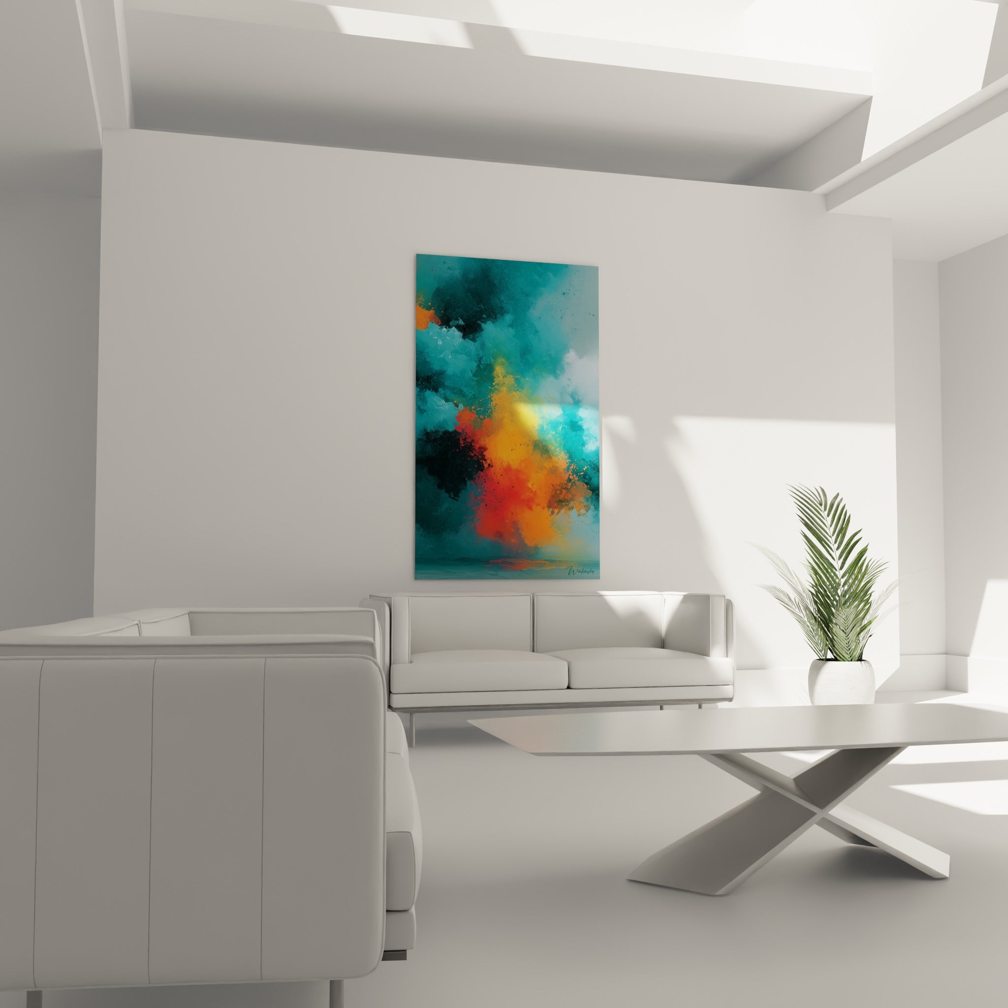 Foyer orangé et jaune vif contrastant avec le bleu profond, œuvre accrochée au-dessus d'un canapé dans un salon lumineux