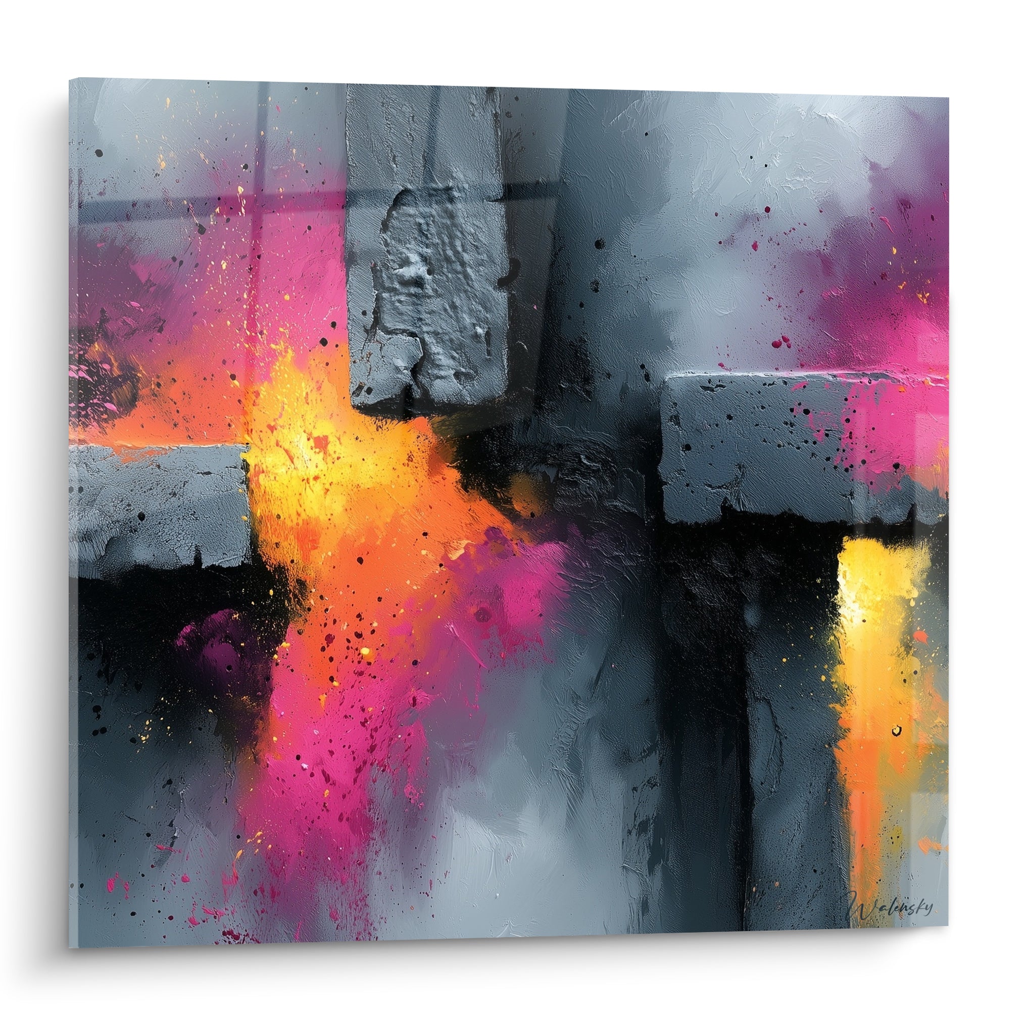 Tableau abstrait coloré aux blocs gris texturés traversés d'éclats fuchsia et orangé vifs
