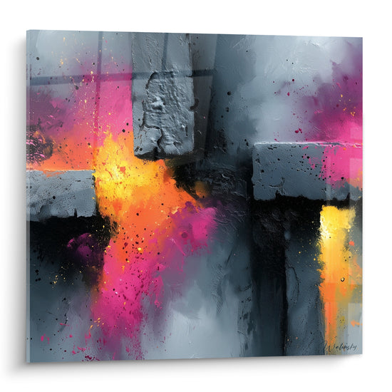 Tableau abstrait coloré aux blocs gris texturés traversés d'éclats fuchsia et orangé vifs