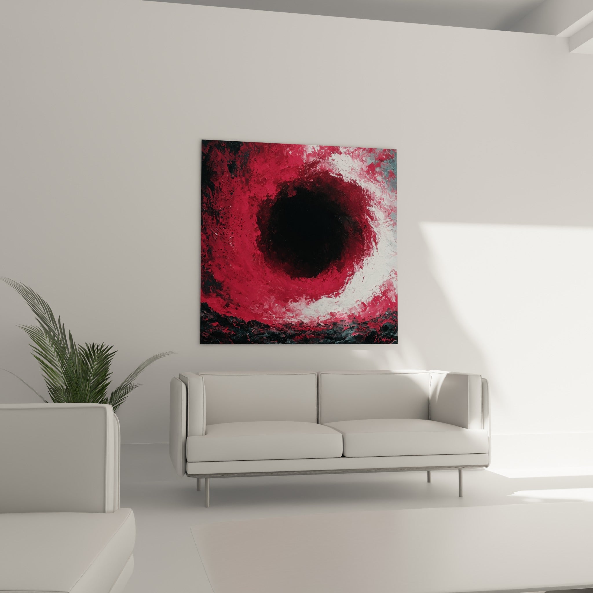 Gouffre écarlate cerné de blanc lumineux et de gris sombre, au-dessus d'un canapé dans un salon lumineux