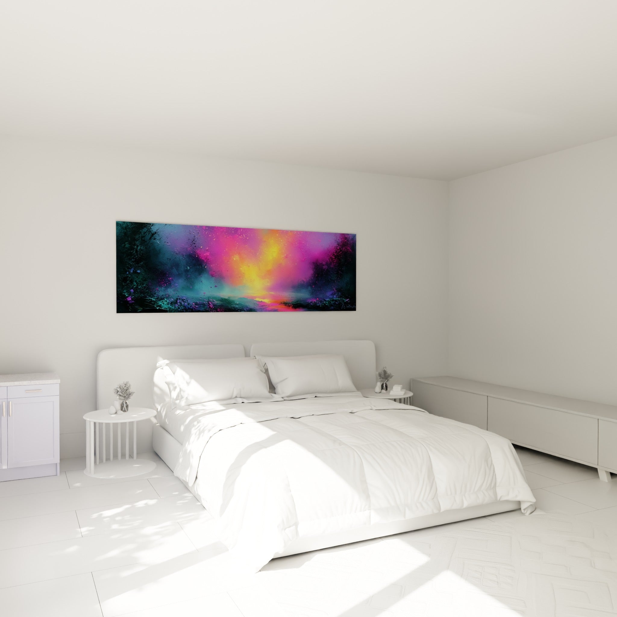 Halo jaune et magenta abstrait, silhouettes sombres, au-dessus d'un lit dans une chambre claire