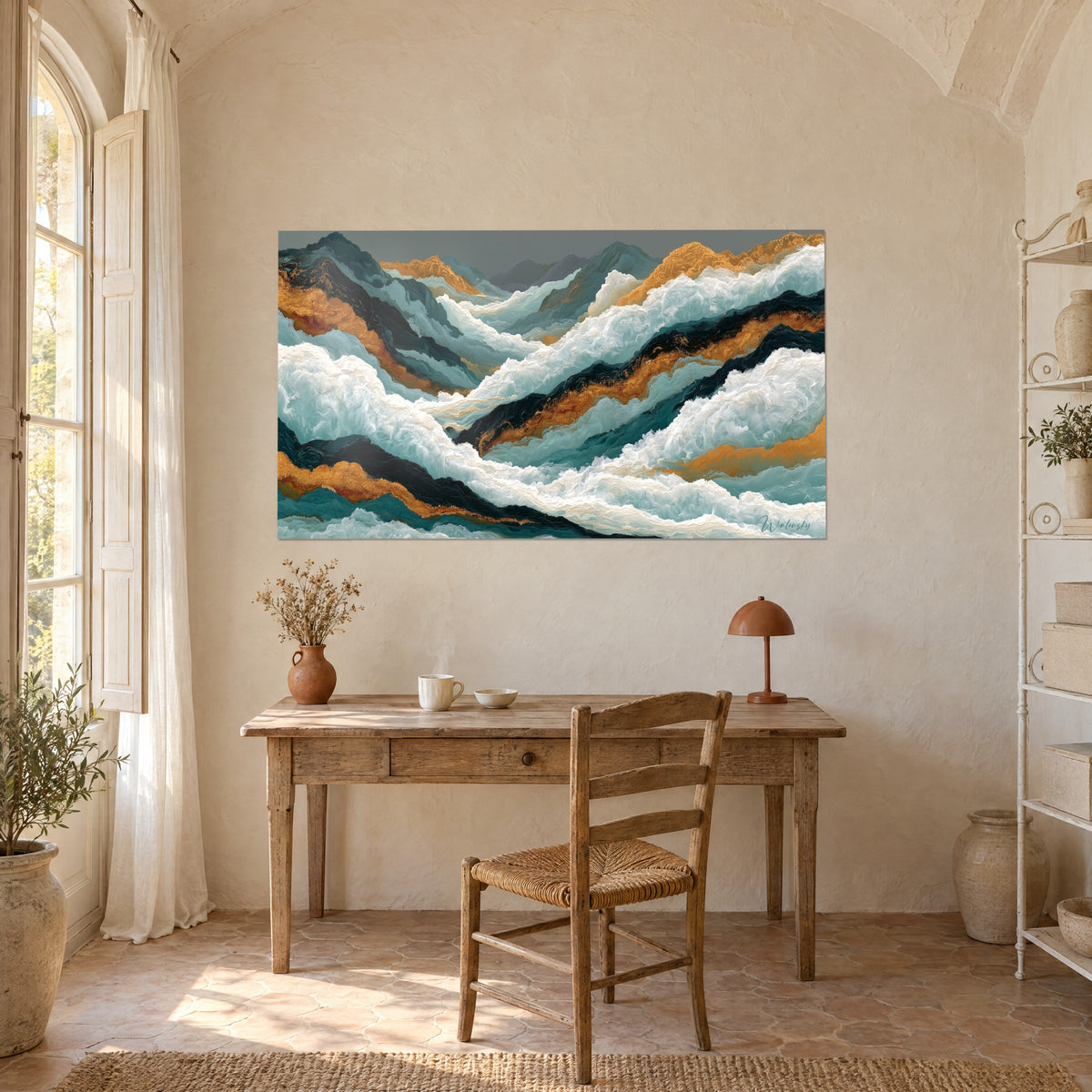 Schilderij van een abstract landschap met turquoise brekende golven geaderd met goud en zwart, boven een licht houten bureau bij een raam