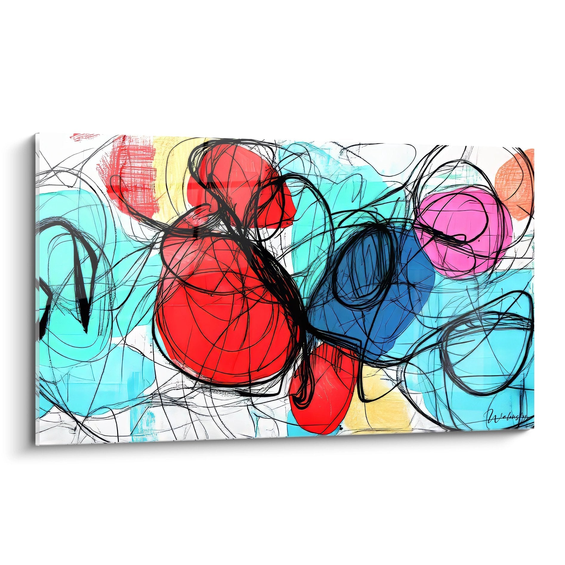 Tableau abstrait coloré avec lignes noires expressives et formes géométriques multicolores