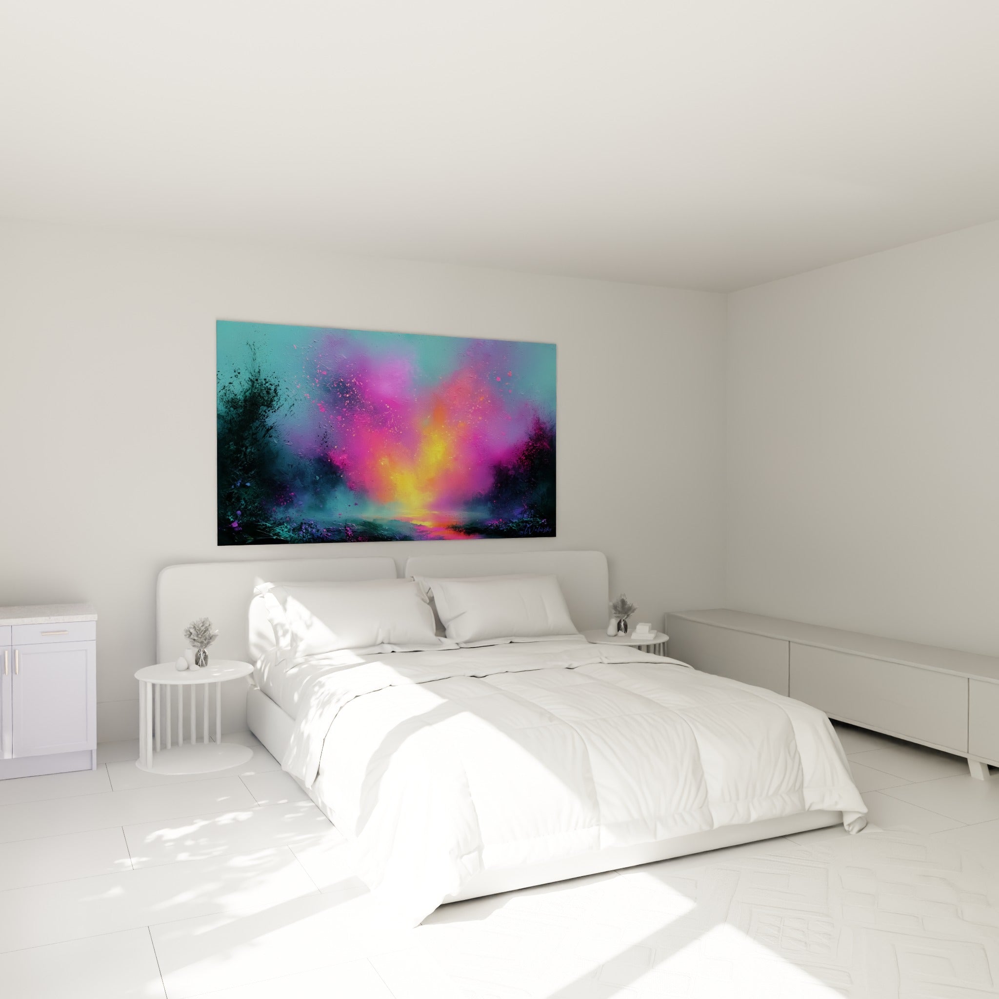Lumière dorée et pourpre en fusion accrochée au-dessus d'un lit dans une chambre claire