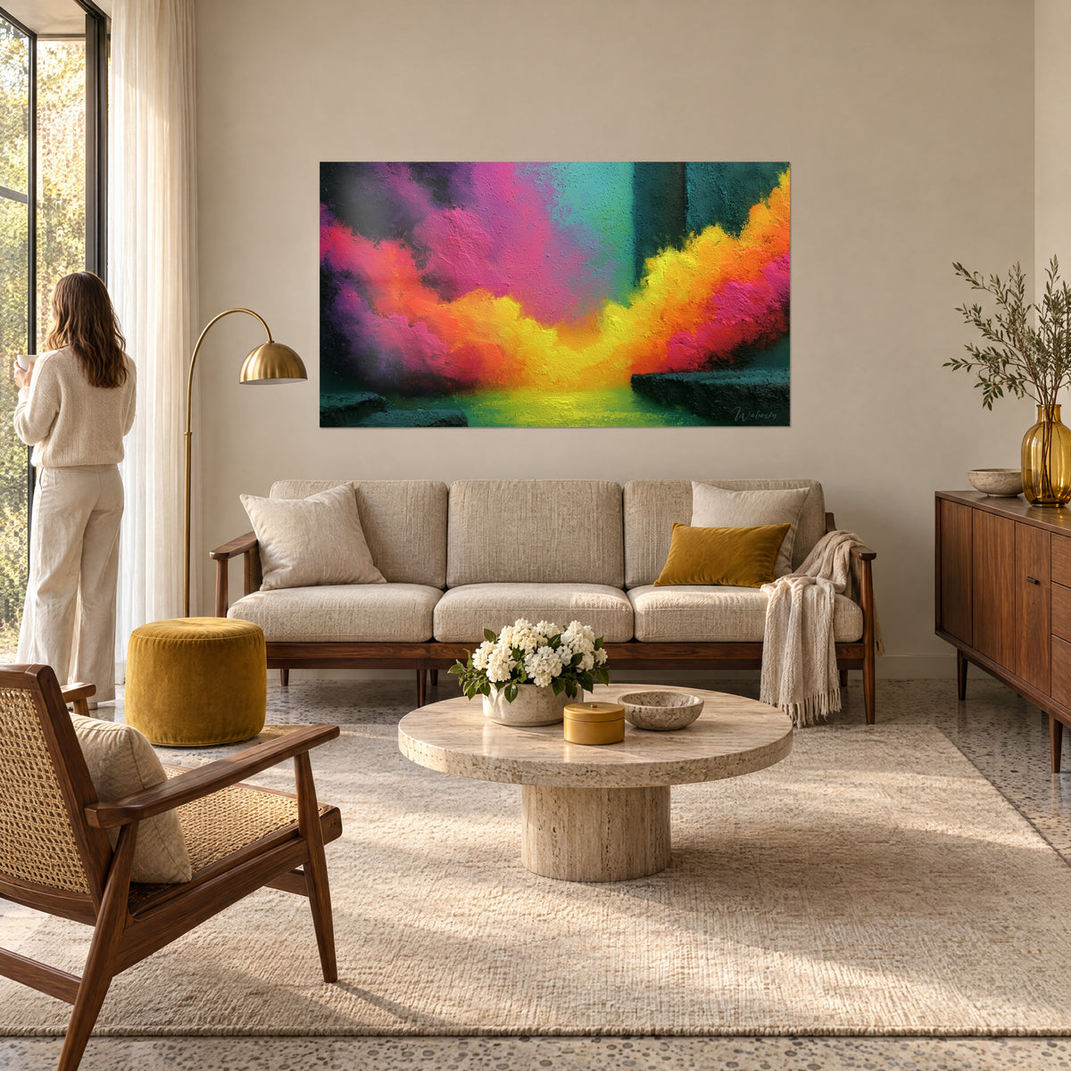 Schilderij met roze en fel gele rookwolken op turquoise achtergrond, dikke textuur, vrouw van achteren boven een bank in een lichte woonkamer
