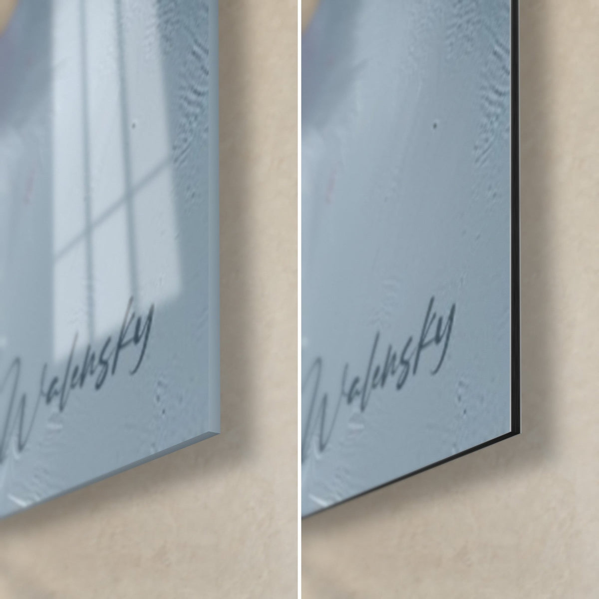 Wall art burst of magenta and lemon yellow paint, bottom right corner in glossy glass and matte Dibond aluminium, 3 mm edge