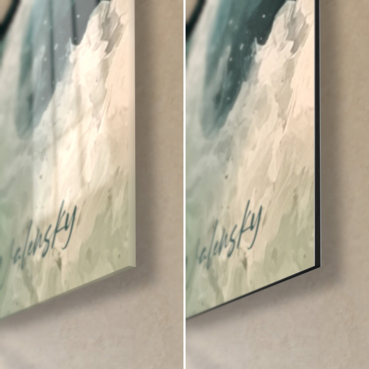 Tableau vagues abstraites bleu pétrole et blanc écume, coin bas droit en verre brillant et alu Dibond mat, tranche de 3 mm