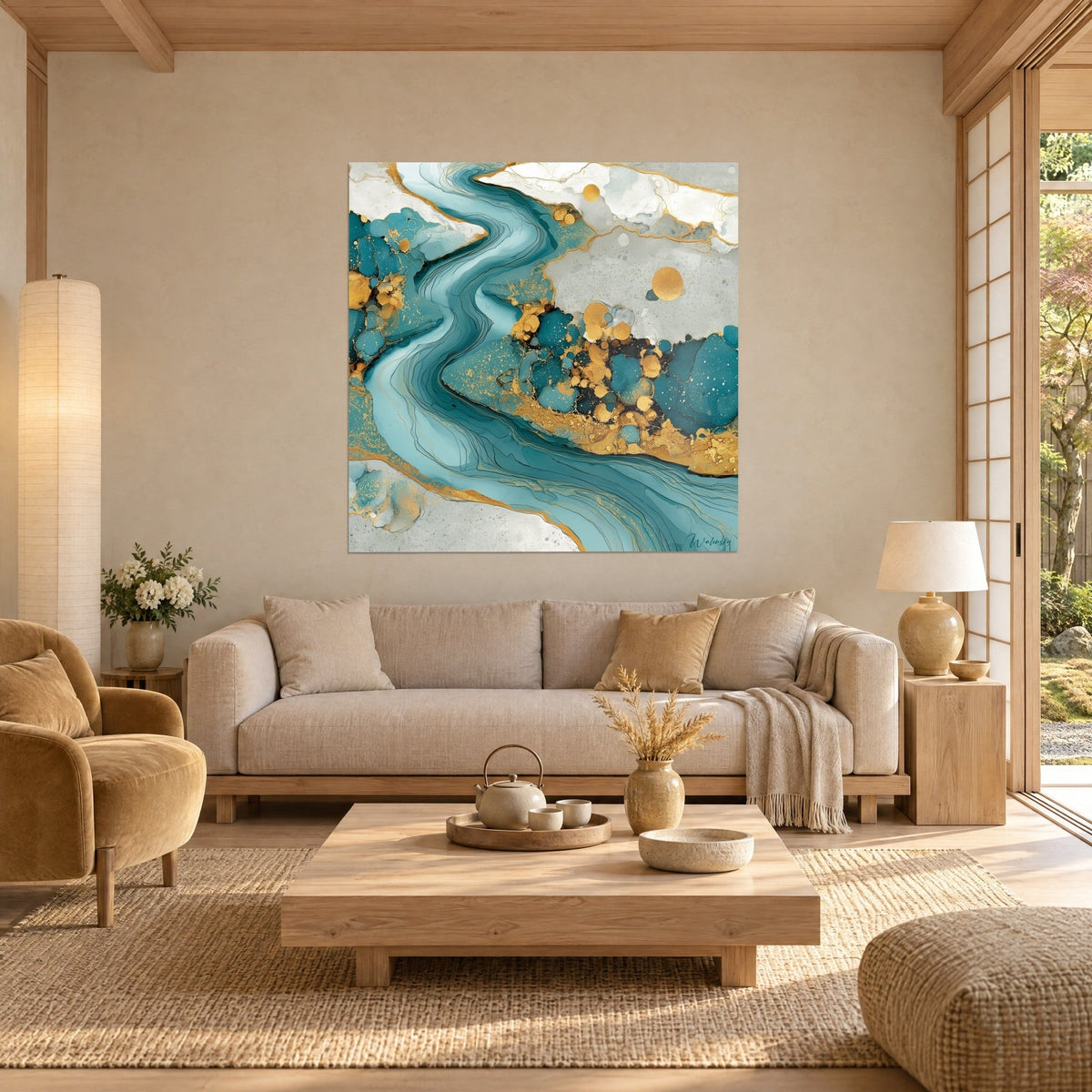 Tableau rivière sinueuse turquoise bordée d'îlots d'or et de marbre blanc, au-dessus d'un canapé dans un salon lumineux
