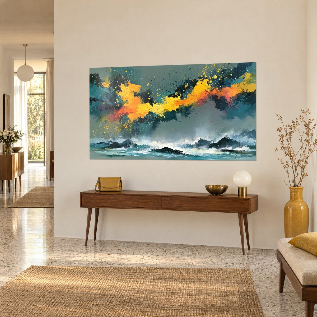 Quadro nuvola di colore zafferano con schizzi neri sopra rocce scure, blu petrolio, su una consolle in legno