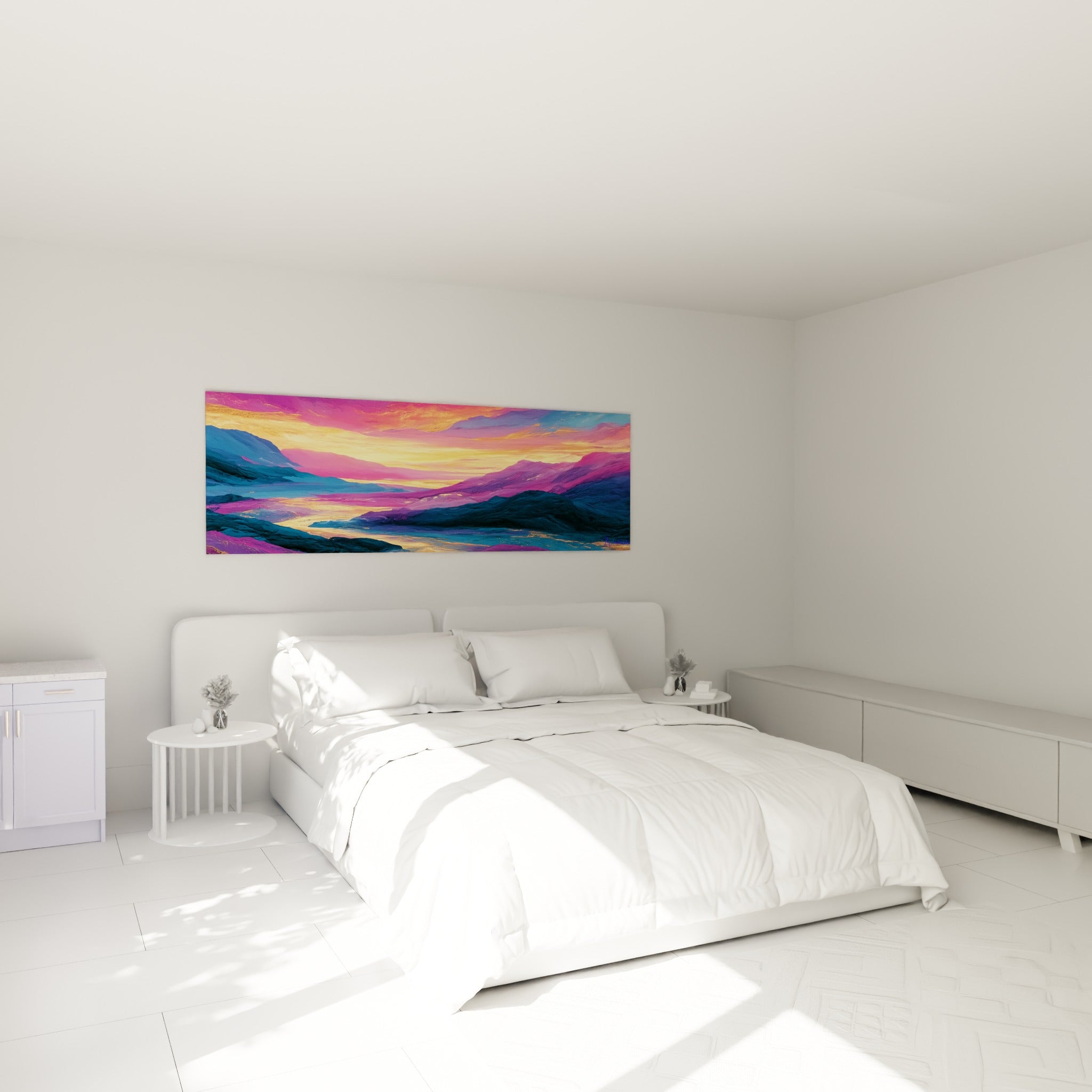 Panorama montagnard bleu marine et doré au-dessus d'un lit dans une chambre claire