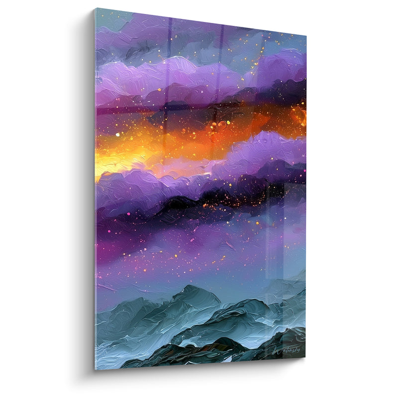 Leinwand Violette Berge und goldene Nachtszenerie – Himmlische Wacht – Farbige Abstrakte Edition