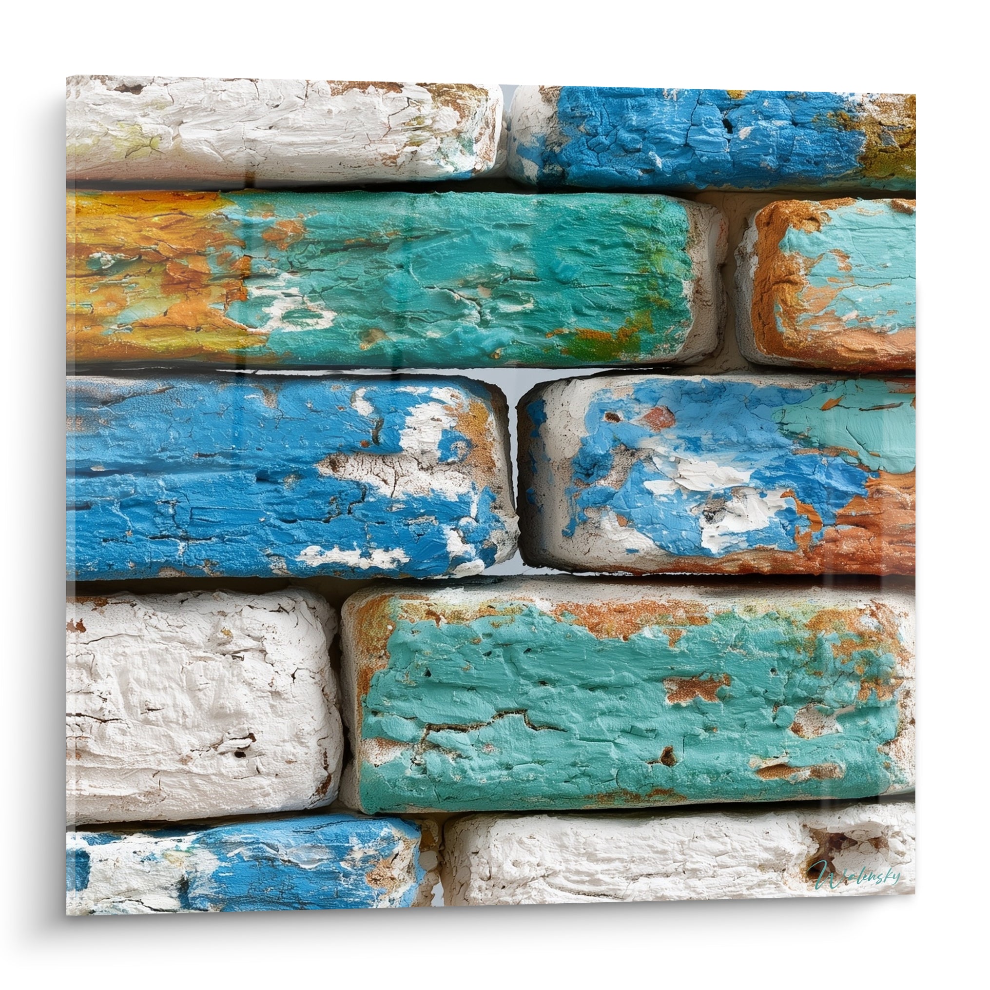 Mur de briques peintes en bleu marine, turquoise et ocre, texture écaillée et patinée