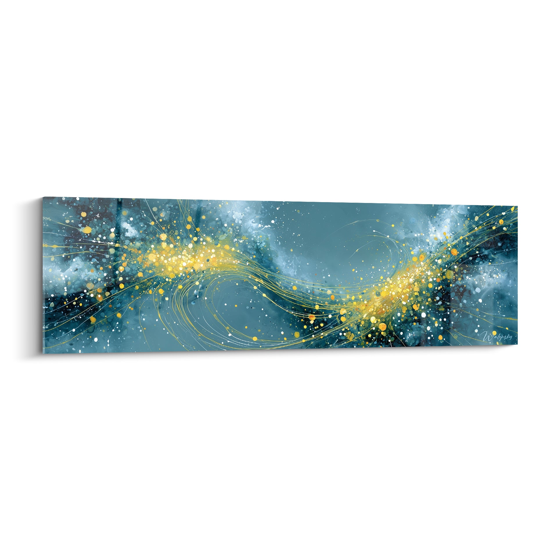 Nébuleuse abstraite bleu turquoise et dorée, tourbillons lumineux traversant une toile panoramique