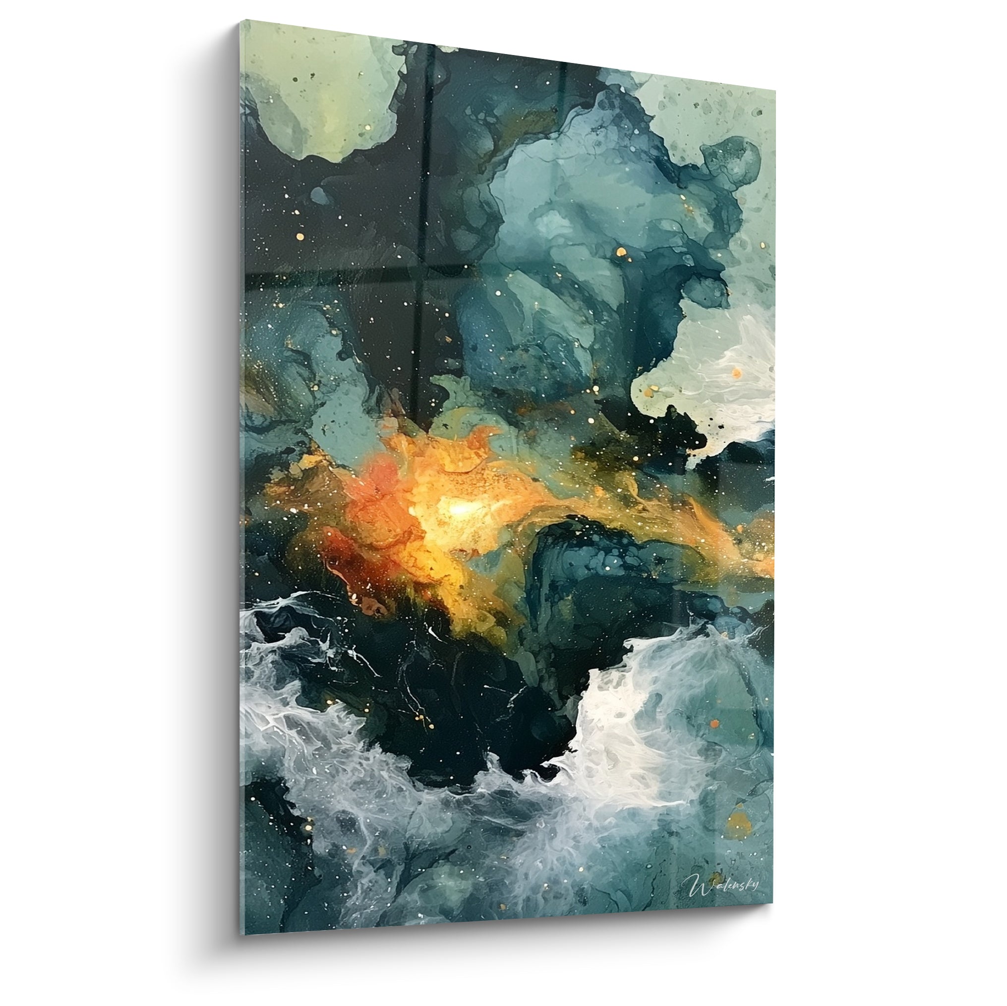Nébuleuse abstraite bleu-vert et doré aux coulures d'écume blanche sur toile verticale