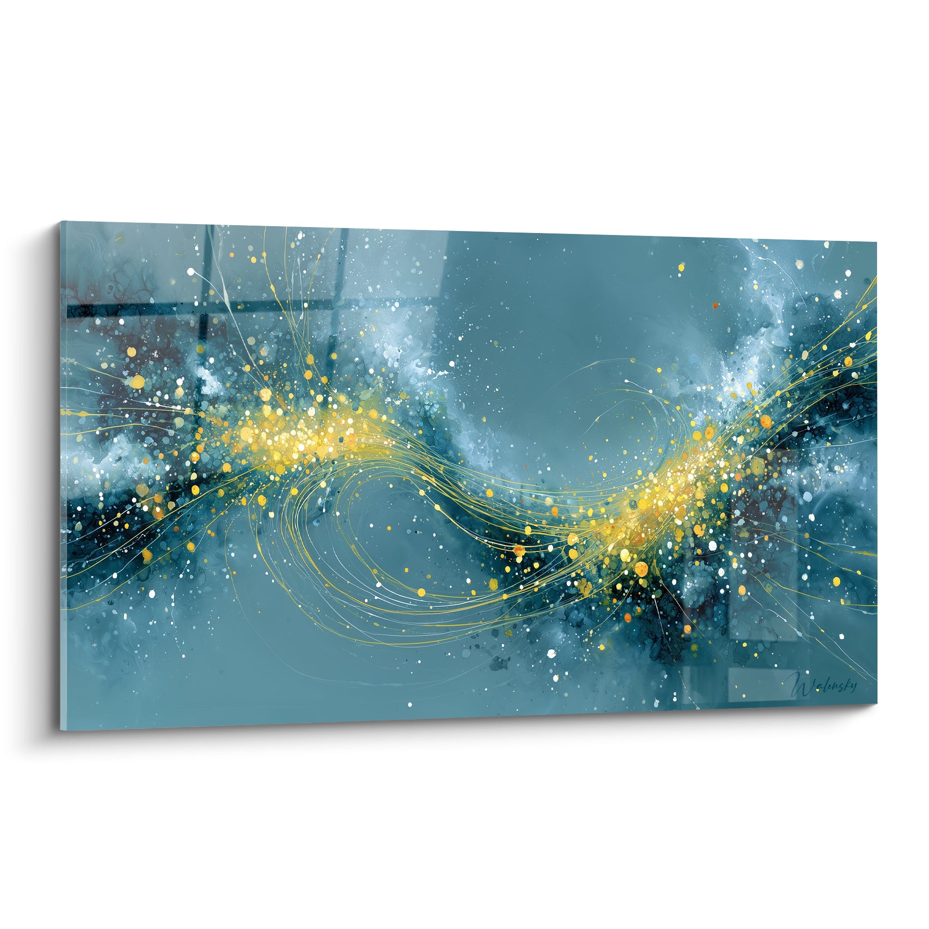 Nébuleuse dorée sur fond bleu pétrole, volutes lumineuses et éclats jaune vif tourbillonnants