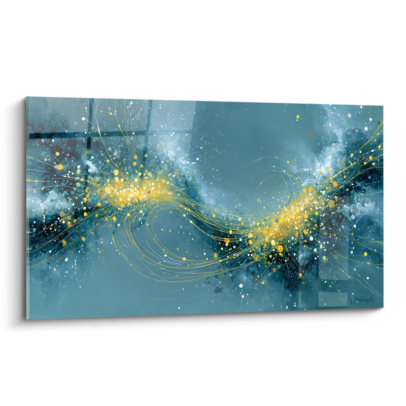 Tableau Nébuleuse dorée aux volutes bleu pétrole - Sillage céleste - Edition Abstrait Coloré