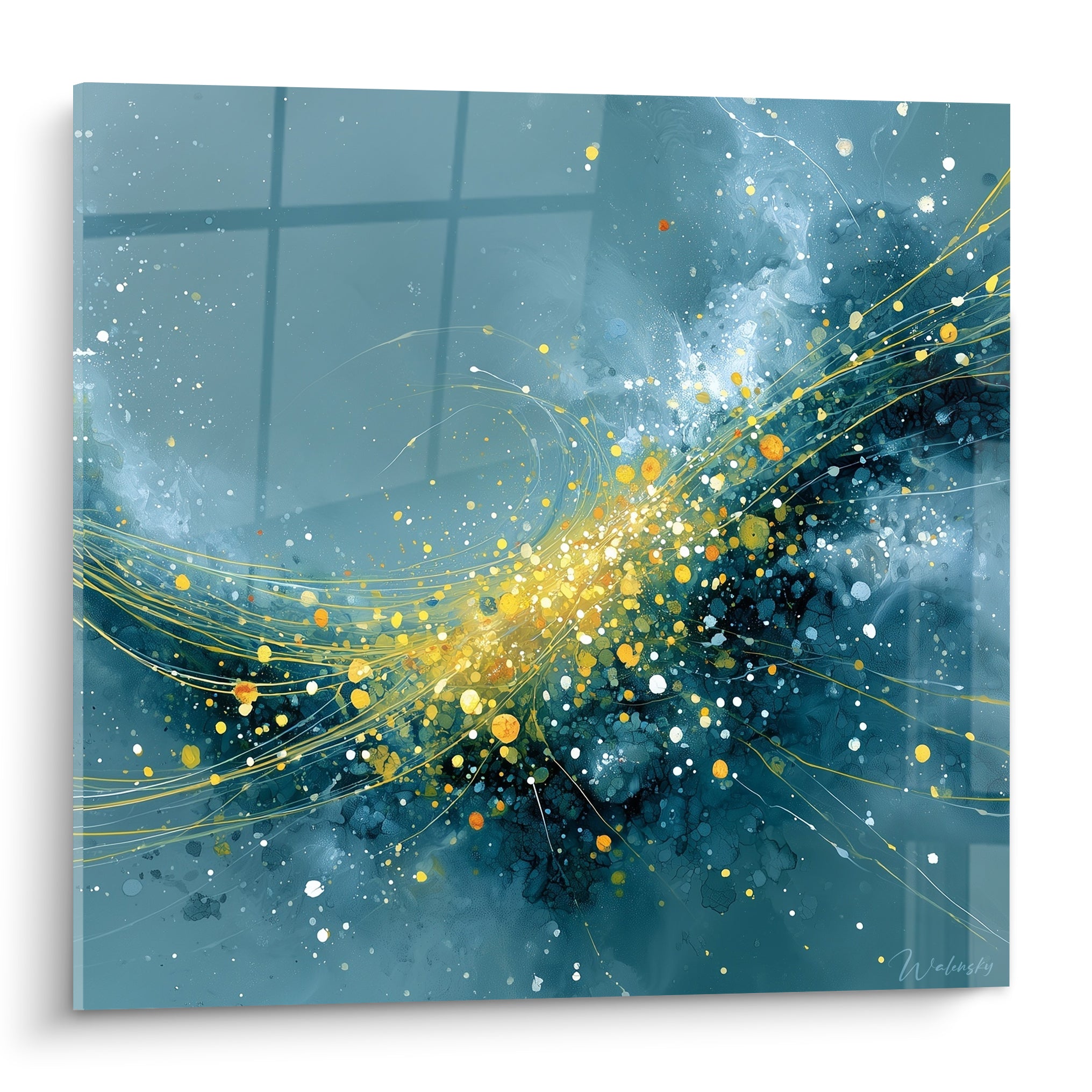 Constellation dorée et bleu pétrole aux filaments lumineux, composition abstraite pleine de mouvement