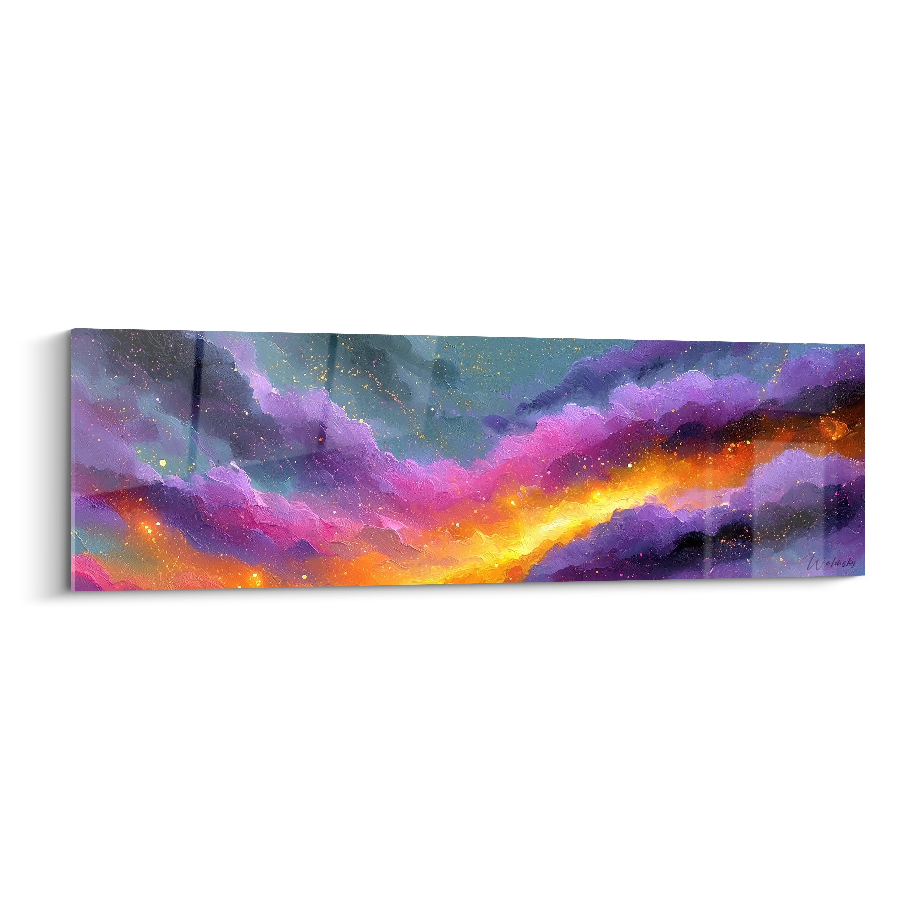 Nébuleuse abstraite aux teintes violettes et orangées traversée d'une lumière dorée intense