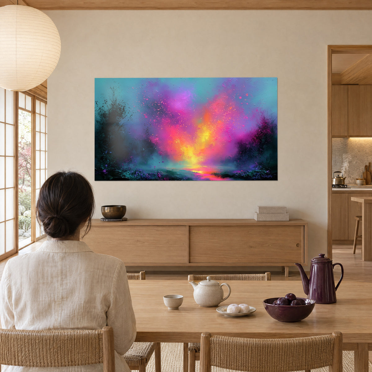 Schilderij glinsterende nevel in fuchsia en oranje, donkere bomen aan weerszijden, vrouw van achteren aan tafel, japandi eetkamer