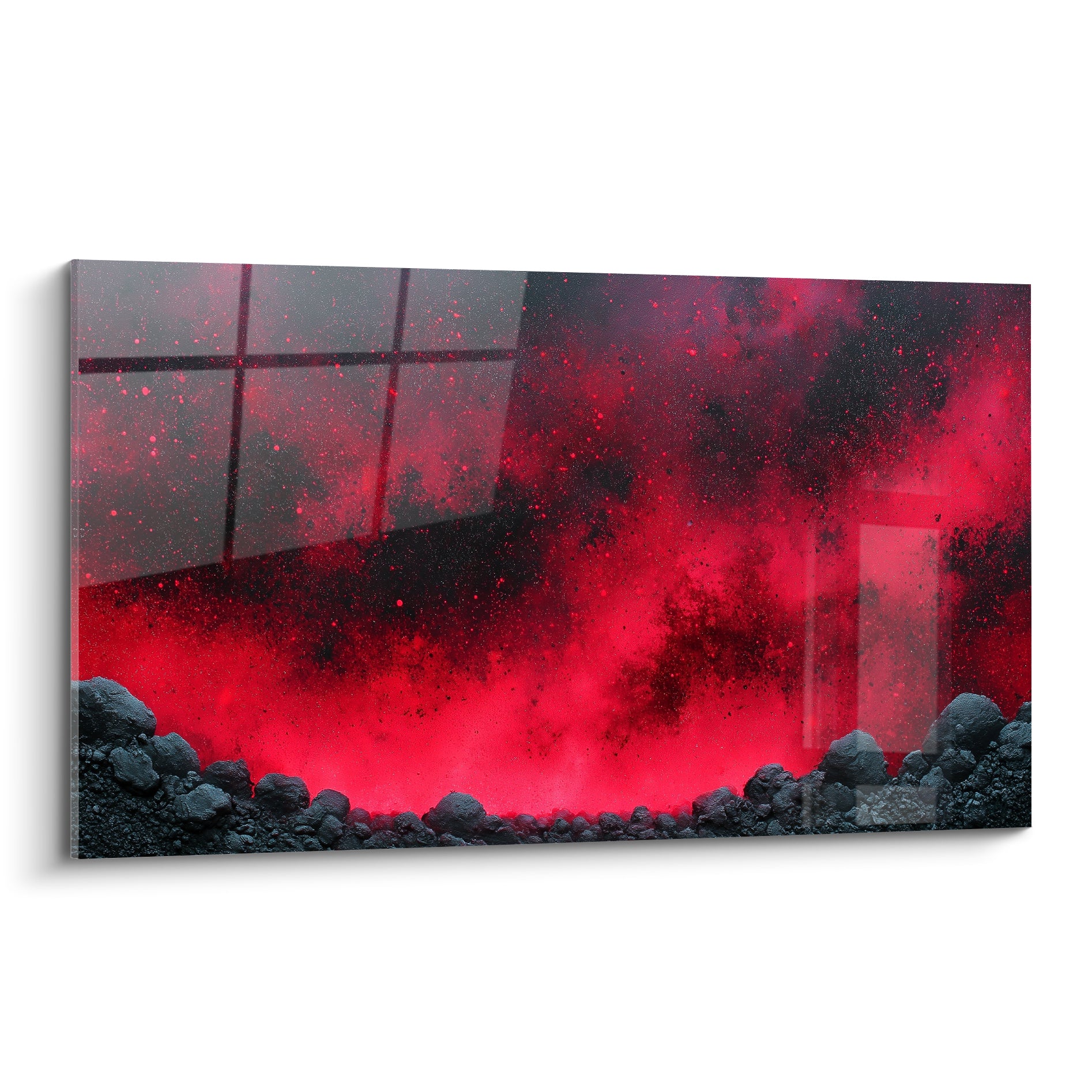 Nébuleuse Abstrait Coloré rouge écarlate et roches anthracite dans une composition minérale intense