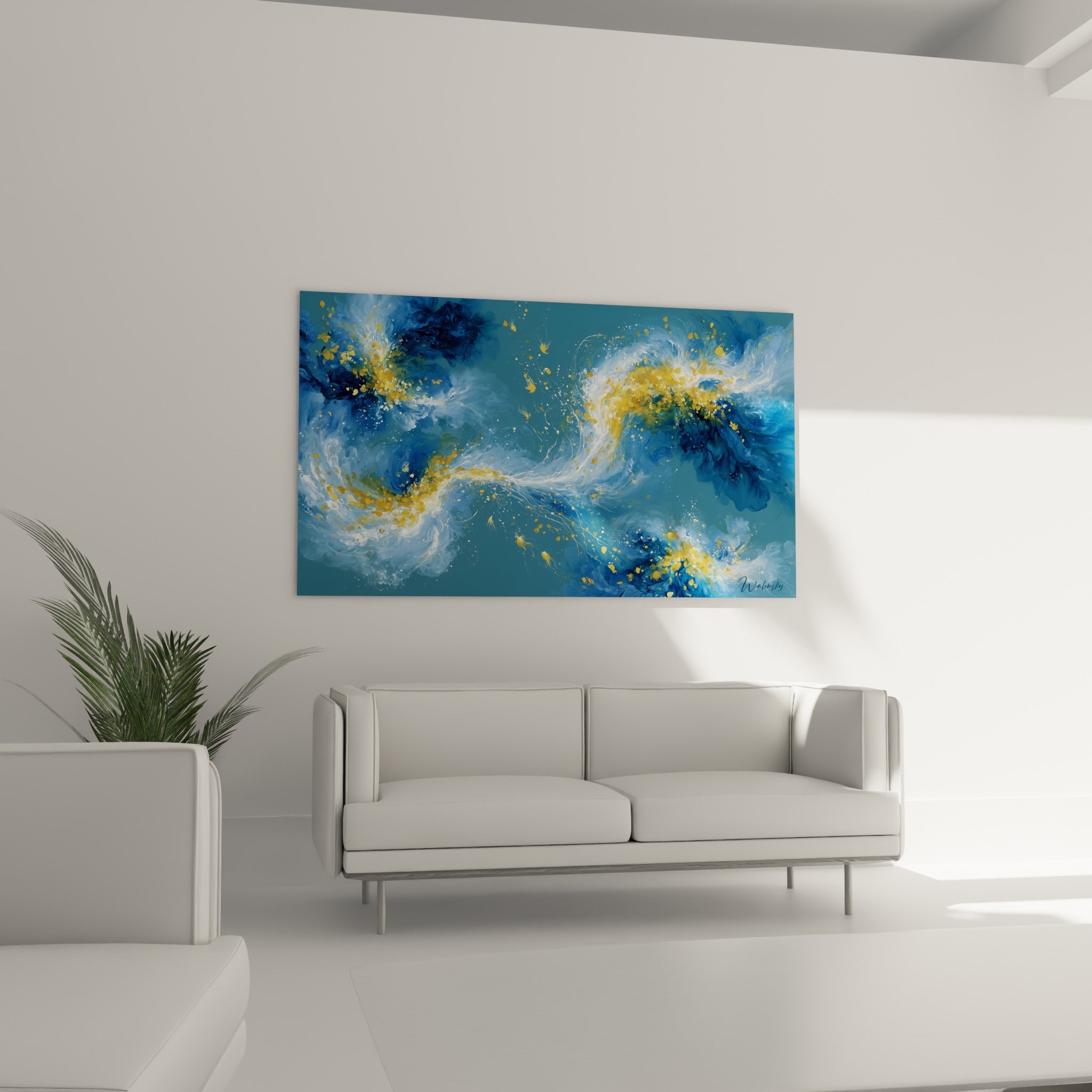 Nébuleuse marine bleu pastel et dorée du tableau Abstrait Coloré au-dessus d'un canapé dans un salon lumineux