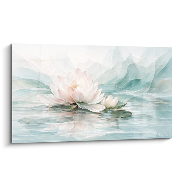Tableau Nénuphar rose pâle et vert d'eau - Méditation sur l'eau - Edition Abstrait coloré