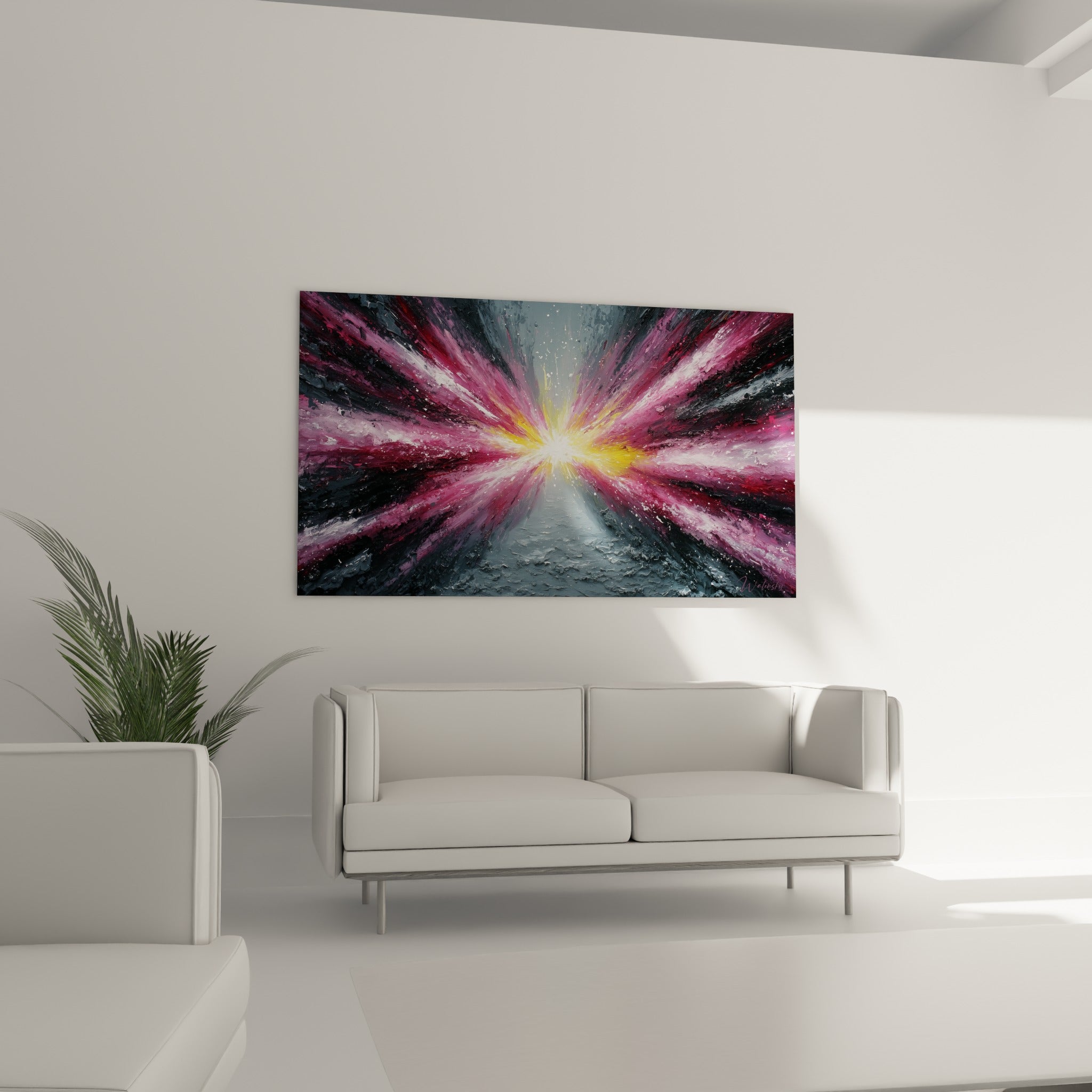 Rayons fuchsia et bordeaux jaillissant d'un noyau blanc, au-dessus d'un canapé dans un salon lumineux