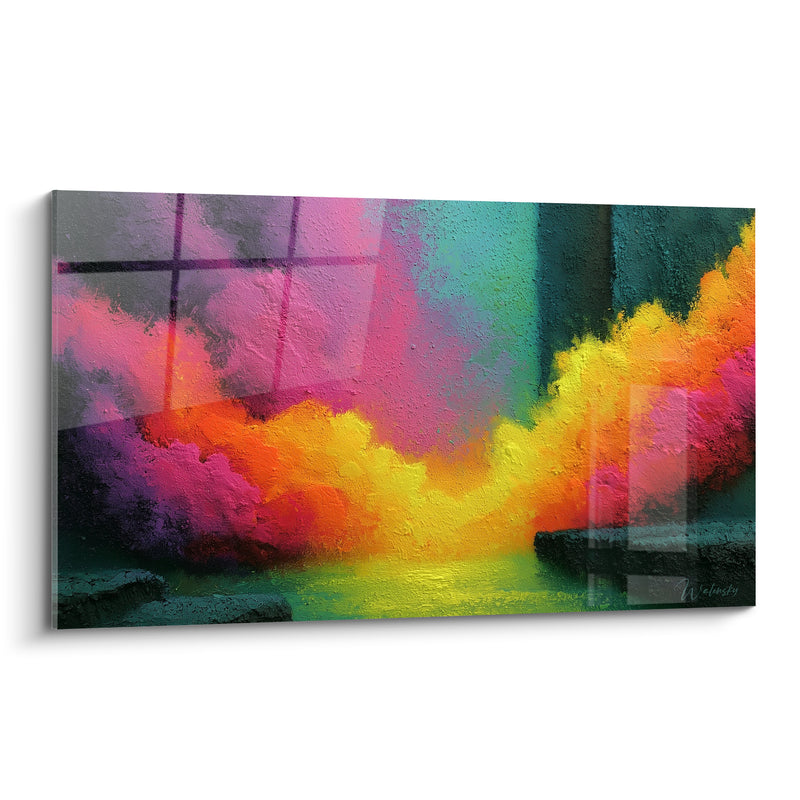 Tableau Nuage de fumée jaune et rose sur grille - Fenêtre quadrillée translucide - Edition Abstrait Coloré