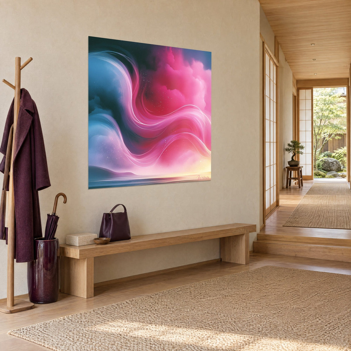 Tableau nuées fuchsia fendues par un ruban nacré sur fond indigo, accroché dans une entrée japandi en bois clair