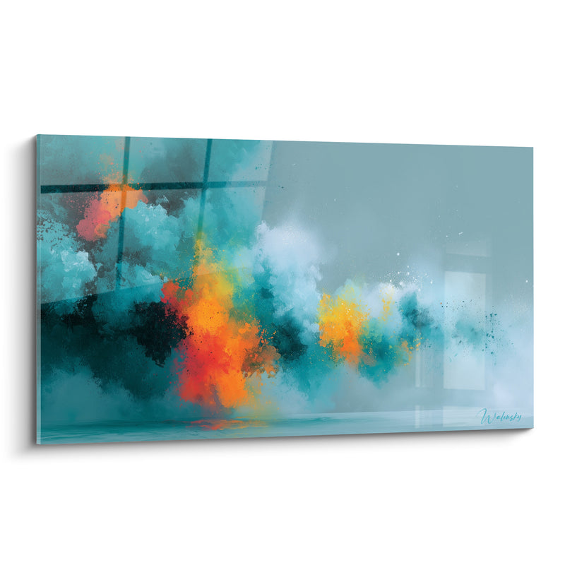 Tableau Verrière turquoise et orange aux vitres fissurées - Combustion intérieure - Edition Abstrait Coloré