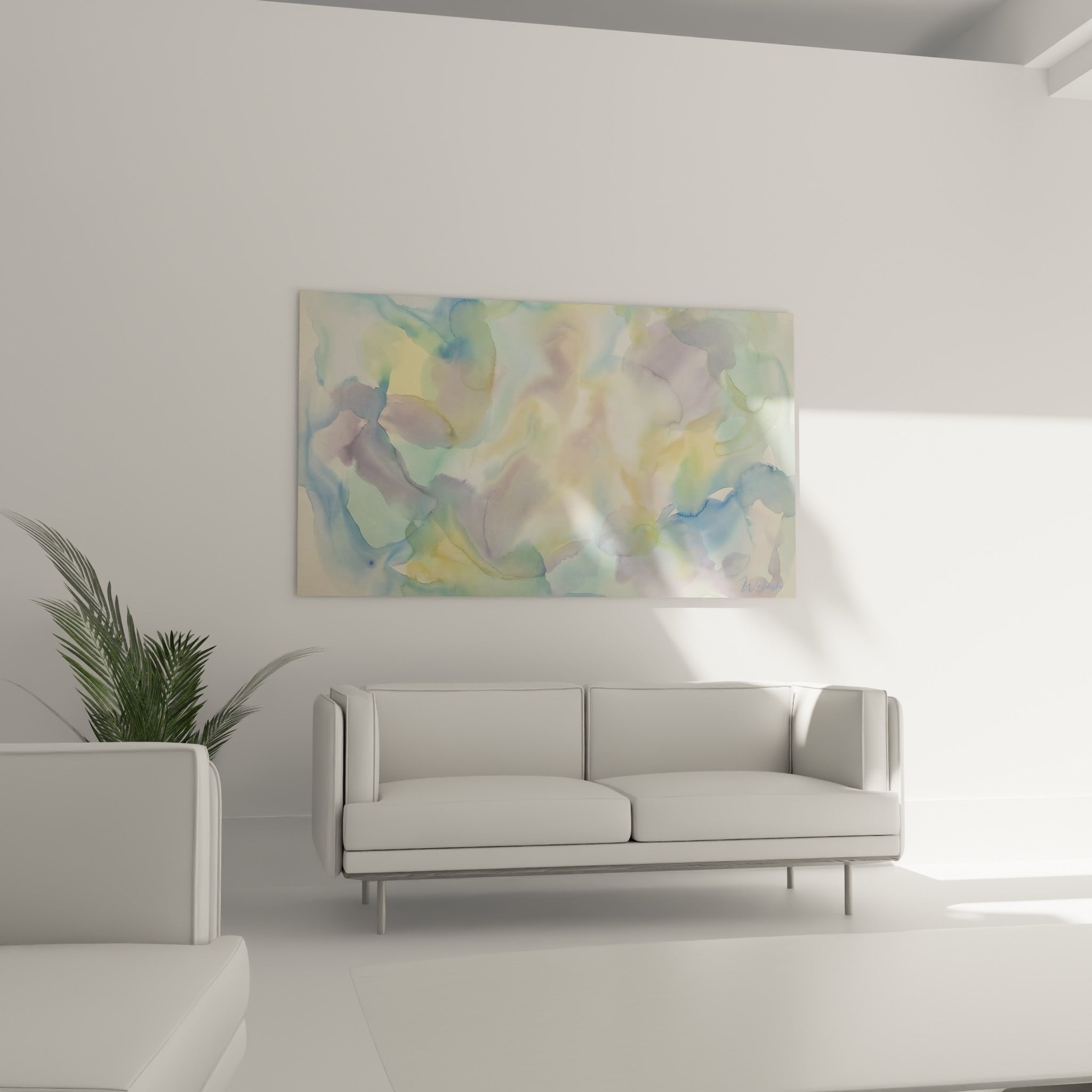Nuages de couleurs mauve et jaune pâle superposés, tableau abstrait coloré au-dessus d'un canapé dans un salon lumineux