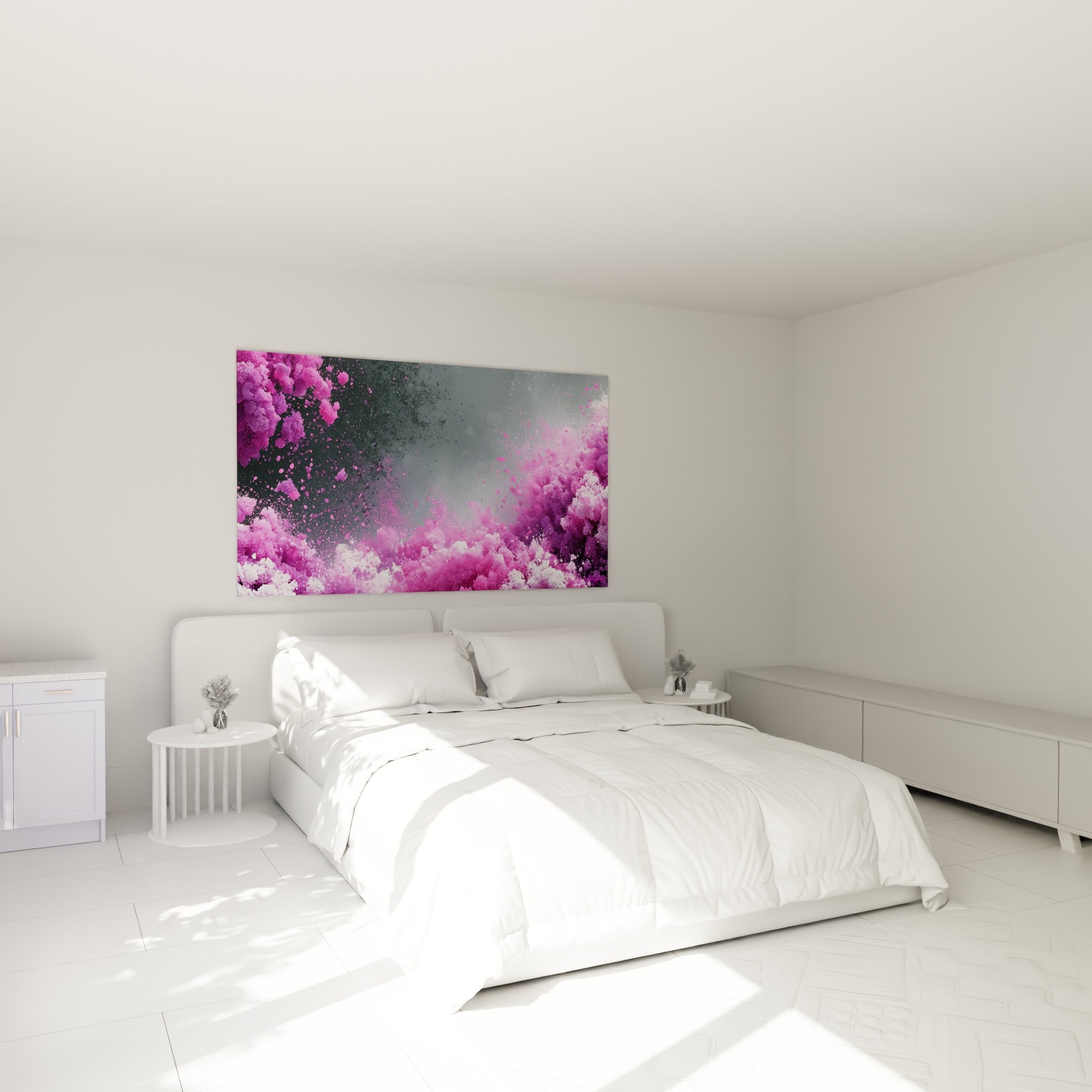 Nuages de poudre rose et blanche sur fond gris foncé, accrochés au-dessus d'un lit dans une chambre claire