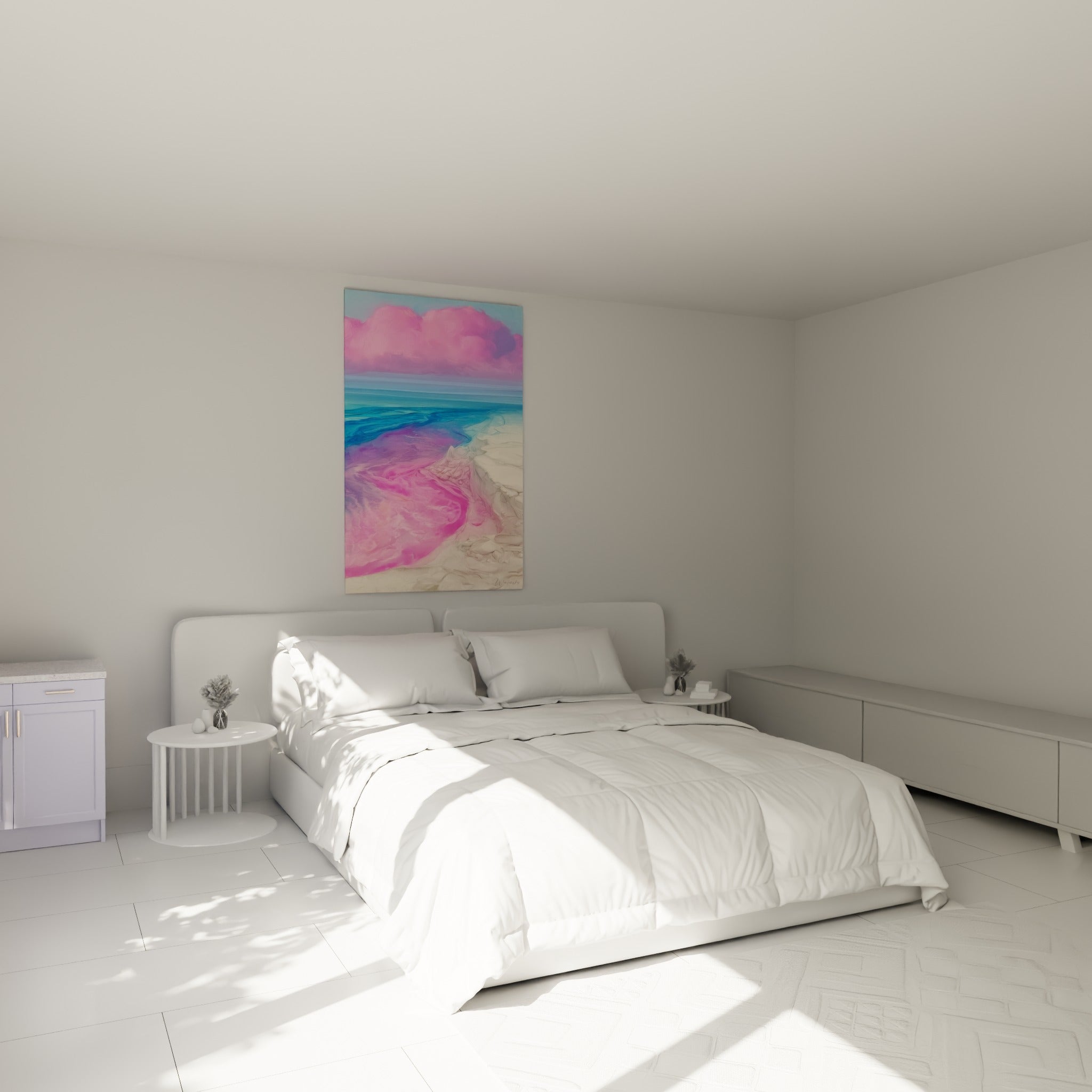Vagues fuchsia et turquoise de l'Abstrait Coloré au-dessus d'un lit dans une chambre claire