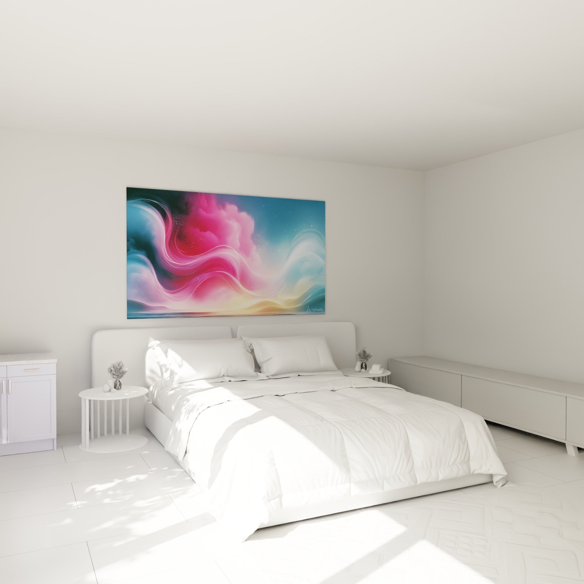 Nuages roses et bleus ondulants d'un tableau Abstrait Coloré au-dessus d'un lit dans une chambre claire